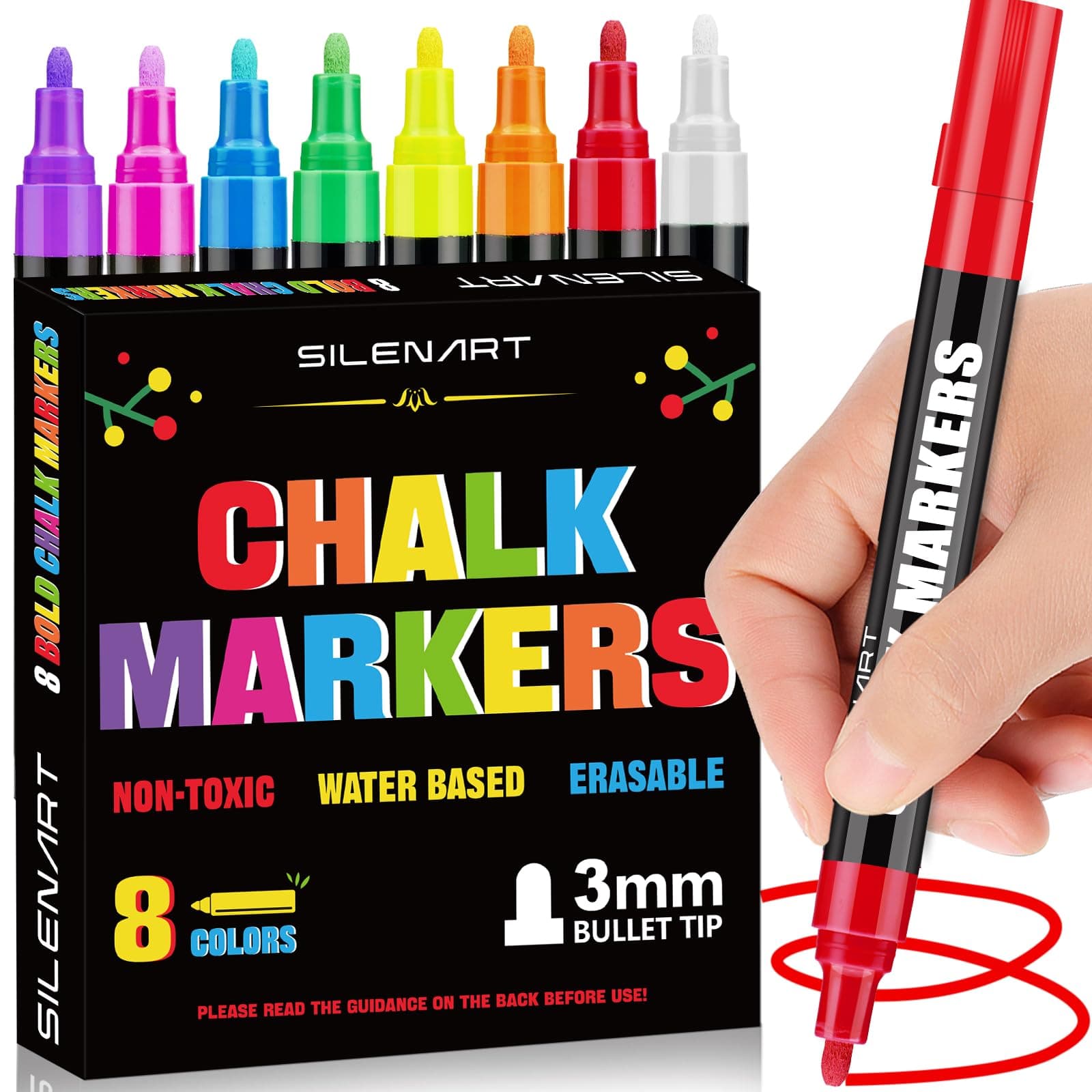 SILENART Liquid Chalk Markers - 8 Vibrant Colors - Chalkboard Markers for Bla...