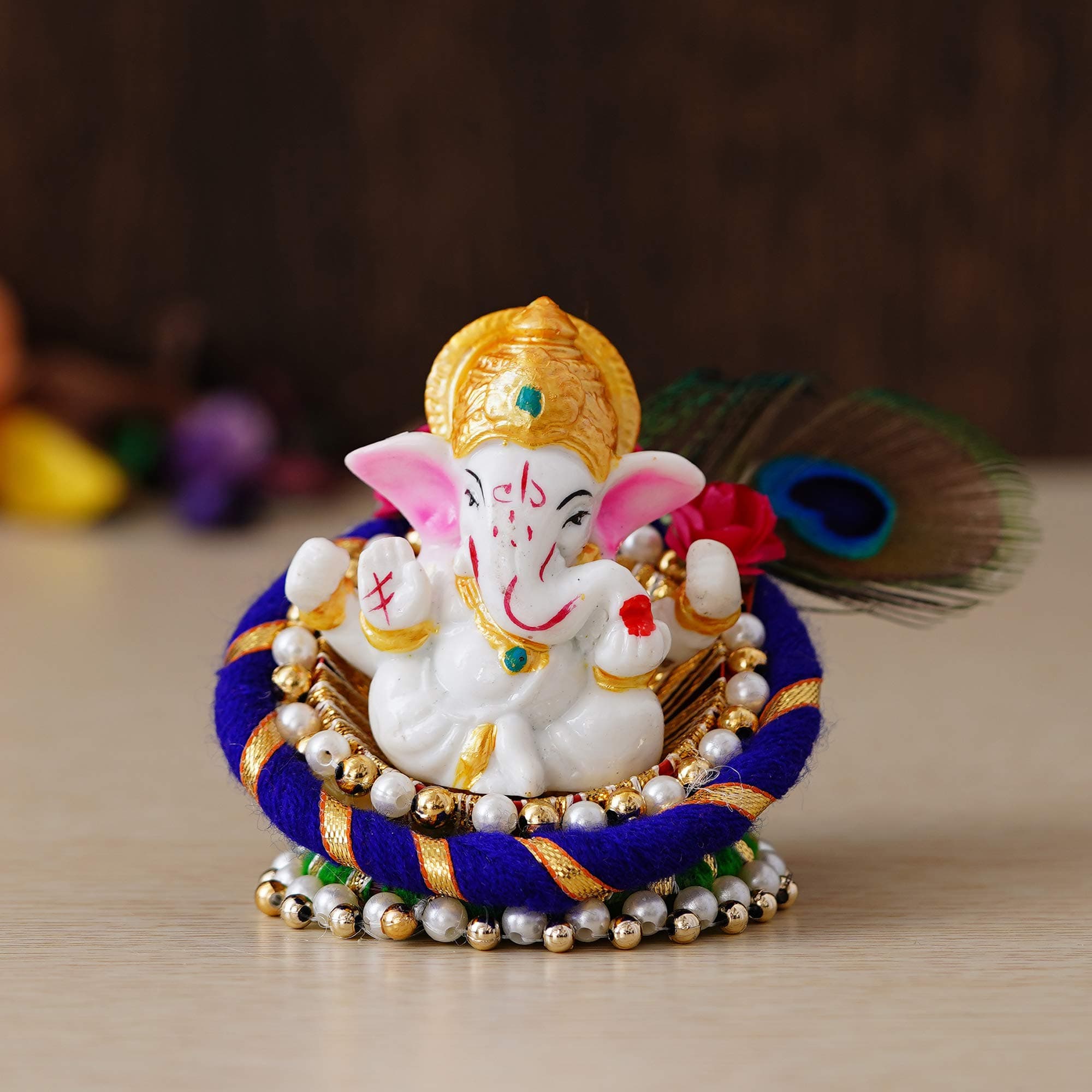 eCraftIndia Lord Ganesha Idol On Decorative Handcrafted Floral Plate for Home and Car, Blue, Green, Golden and White, (Msgg633) One Size