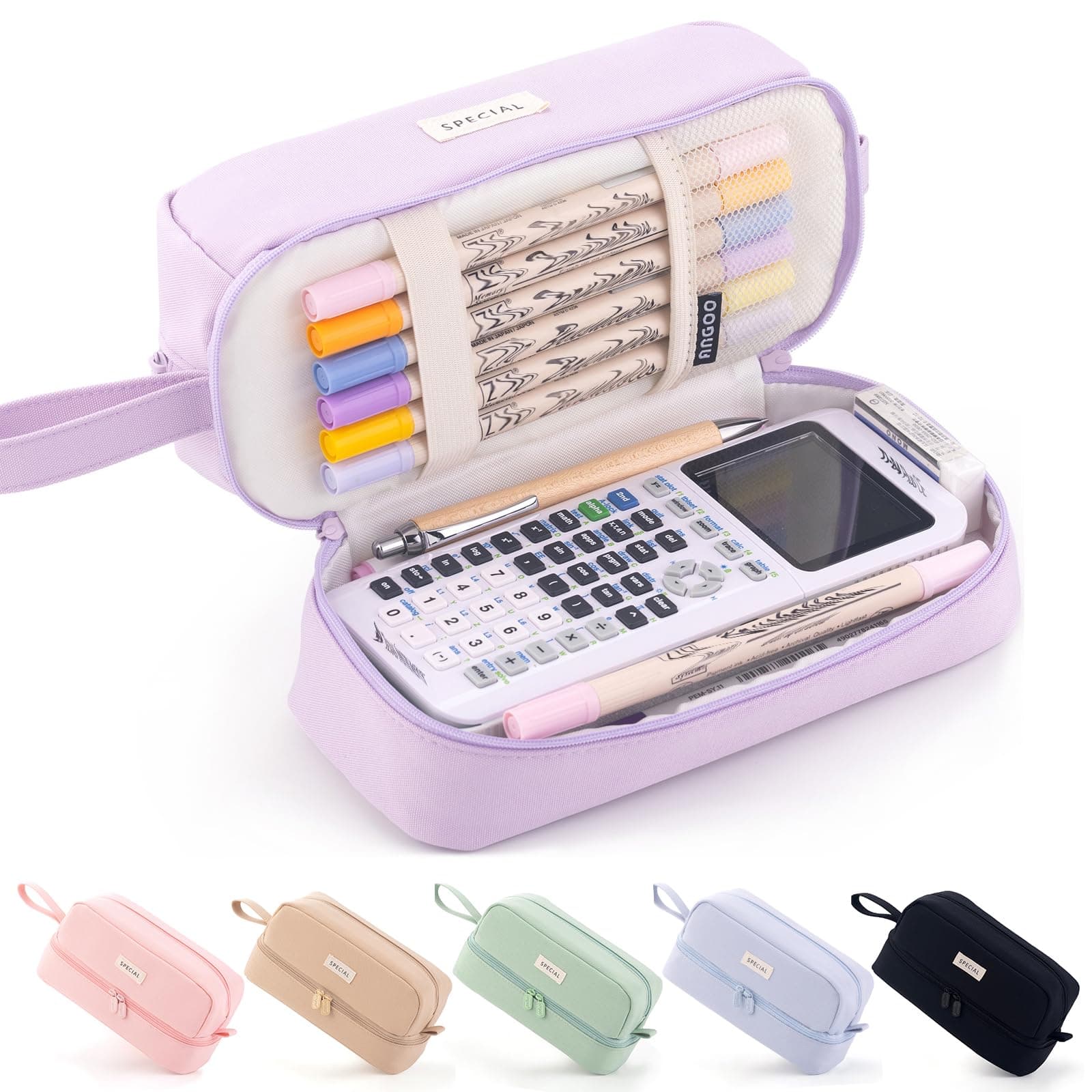 ANGOOBABY Big Capacity Large Pencil Case Canvas Pen Pouch Bag with 2 Compartments for Girls Boys Teen School Students Adults - Purple