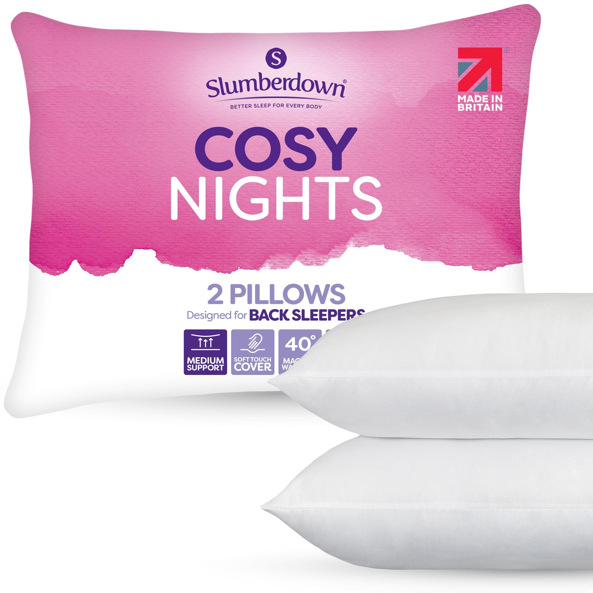Slumberdown Cosy Nights Bed Pillows 2 Pack Non-Allergenic Medium Support Back & Side Sleeper Pillow - Soft Touch Breathable Cover, Made in the UK & Washable, Packaging May Vary (48 x 74cm)