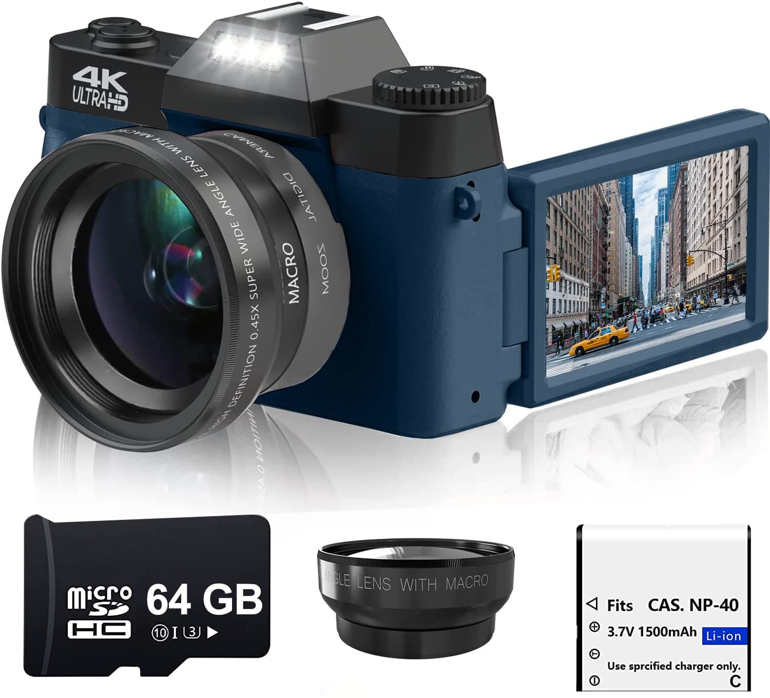 4K Digital Camera for Photography and Video 56MP Vlogging Camera for YouTube Teens 180° Flip Screen, Point and Shoot, WiFi, 16x Digital Zoom Manual Focus with 64GB Card Battery Wide Angle Lens