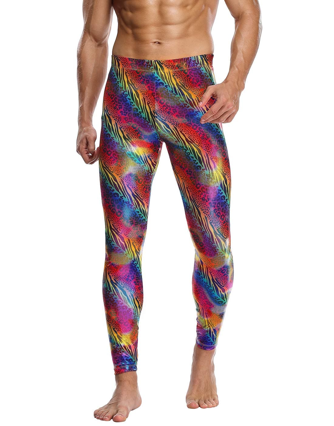 HDE Mens Holographic Meggings; Leggings for Halloween Costume, Disco, Festival (Animal Print, S)