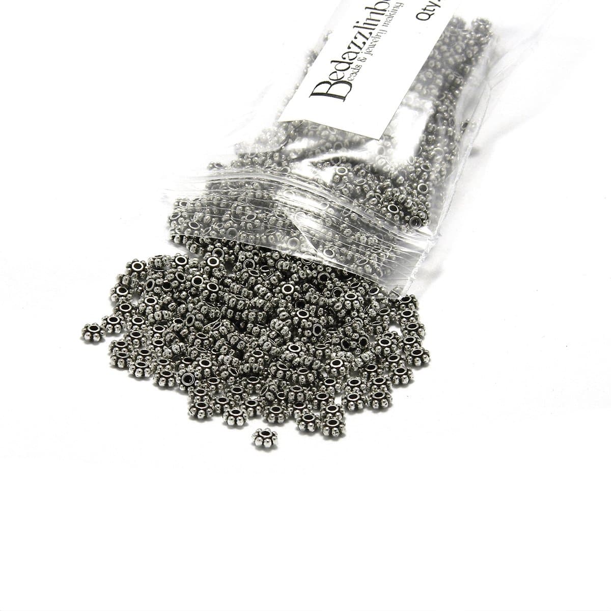 300 Small 4mm Flat Flower Rondelle Disc Spacer Beads Plated Pewter Base Metal (Antique Silver)