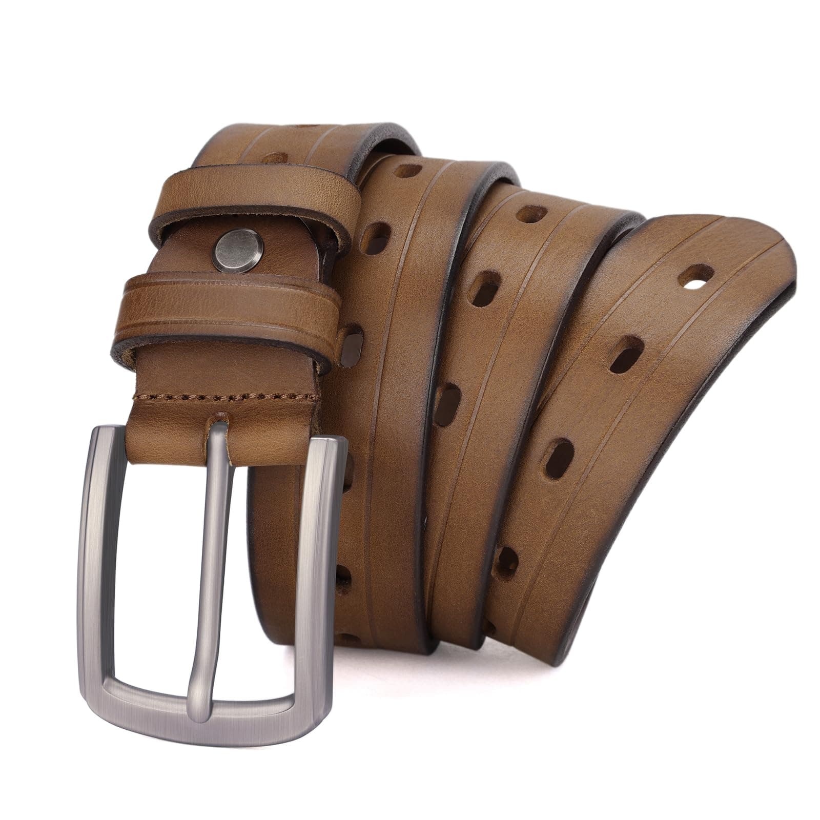 HOLMANSEItalian Full Grain Leather Belt Men Many Holes All the Way Around Strap Soft Leather Casual Jean Golf Belt 1.5 Wide