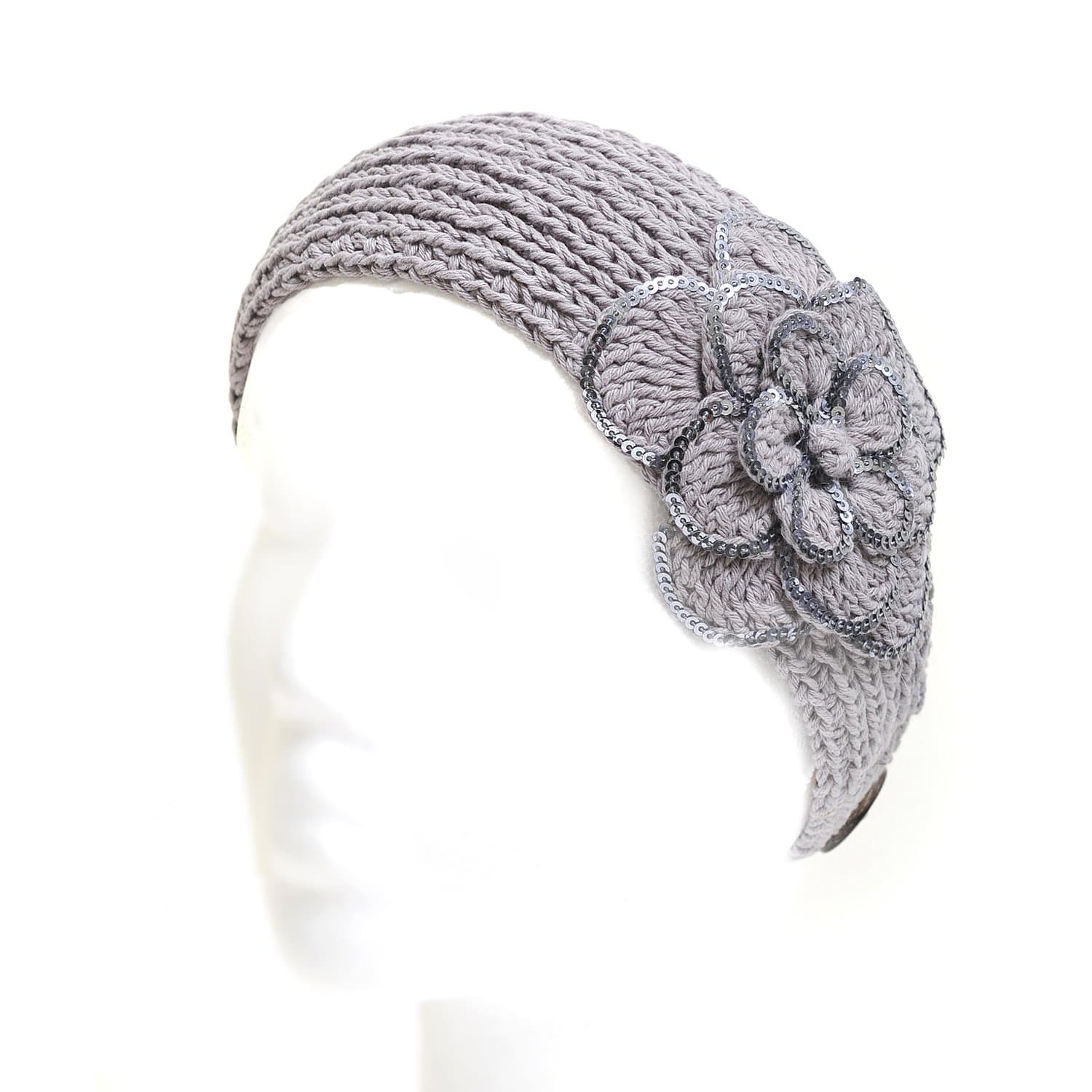 HUE21 Spinningdaisy Womens Angel Hand Made Knitted Dandy Floral Cotton Headband Grey Color
