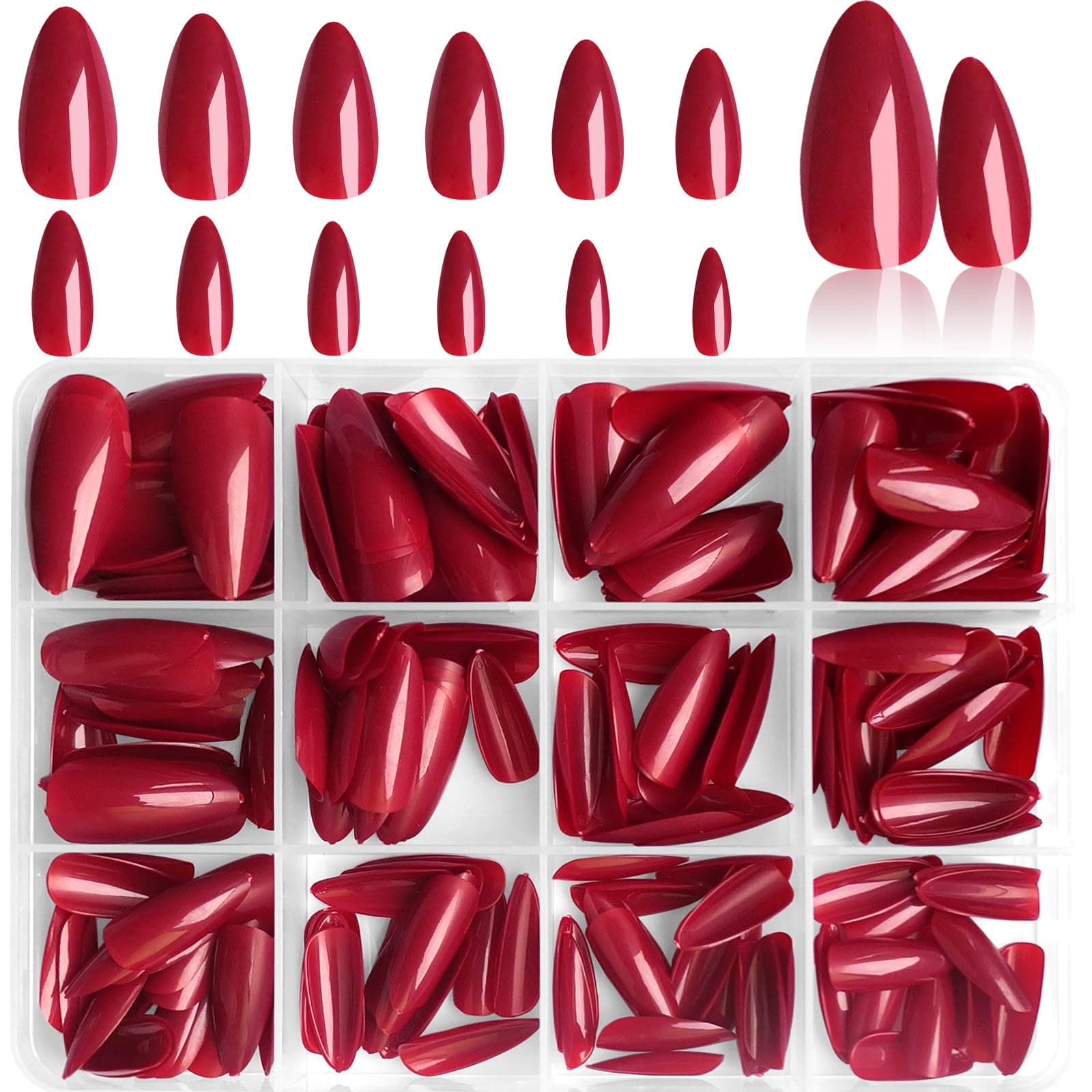 LoveOurHome 240pc Christmas Almond Press on Nails Medium Fake Nail Tips Burgundy Acrylic Nails Press ons Nail Almond Glue on Nail Short Stiletto Fingernail & Glue Adhesive Tabs for Women Girls Kids