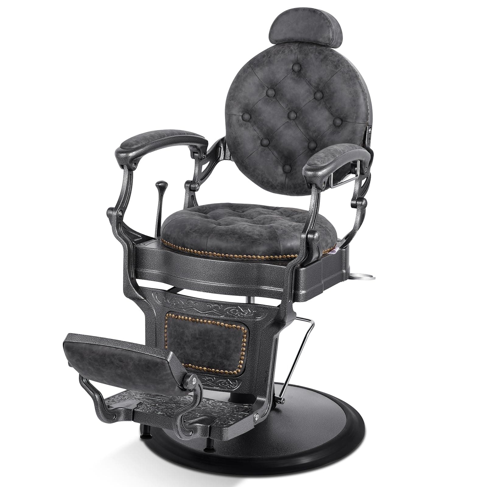 Retro Barber Chair Heavy Duty Barber Chairs Vintage Salon Chair Hydraulic Recline Beauty Spa Styling Equipment Rounded Cushioning with Puckered Button (Grey)