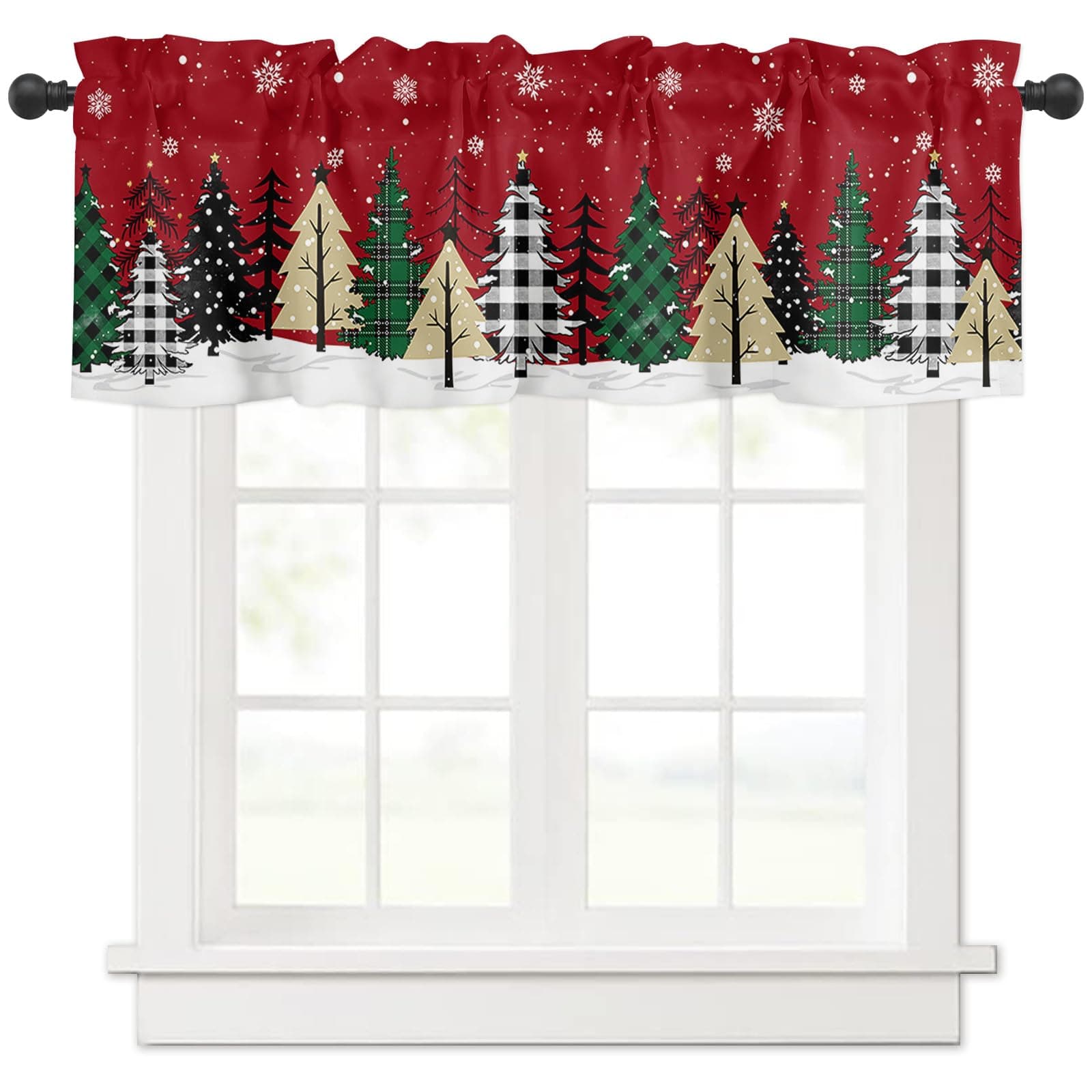 Christmas Tree Valance Curtain Red Kitchen Window Treatment Winter Snowflake Short Curtain Rod Pocket Drapes for Living Room Bedroom Bathroom Xmas Decor 54x18in 1 Panel