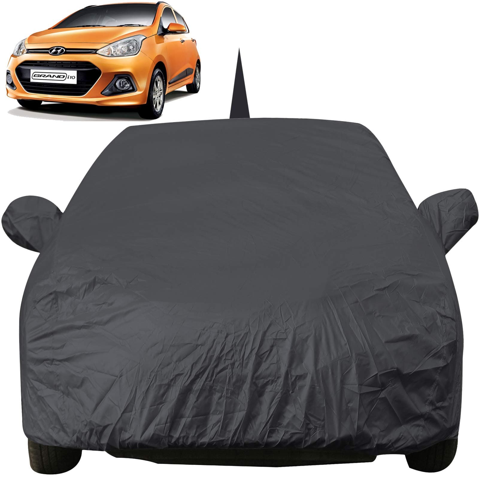Autofact Car Body Cover for Hyundai Grand I10 with Mirror and Antenna Pocket (Light Weight, Triple Stitched, Heavy Buckle, Bottom Fully Elastic, Grey )