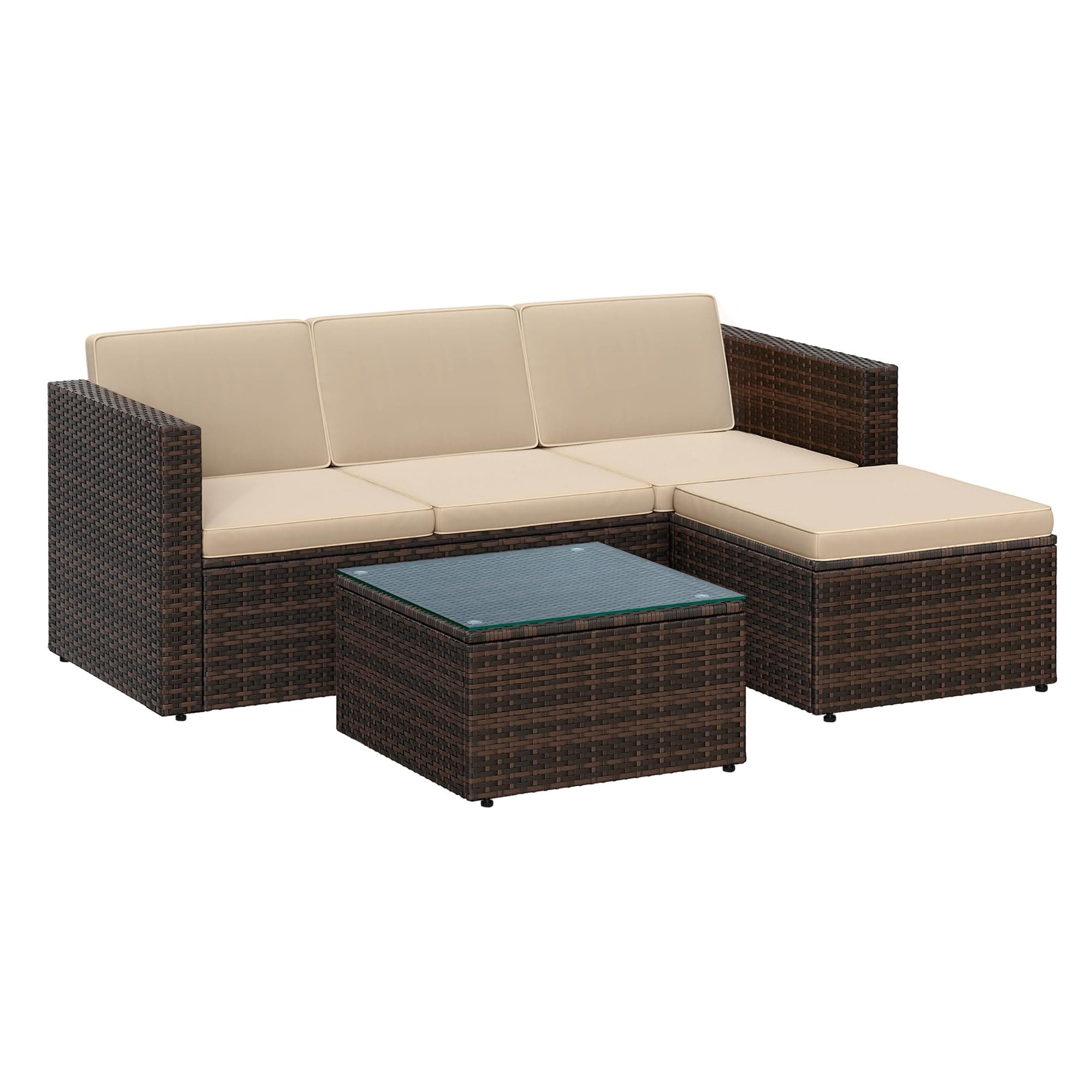 SONGMICS Garden Furniture Set, PE Outdoor Corner Sofa Couch, Handwoven Rattan Patio Conversation Set, with Cushions and Glass Table, Brown and Taupe GGF005K05