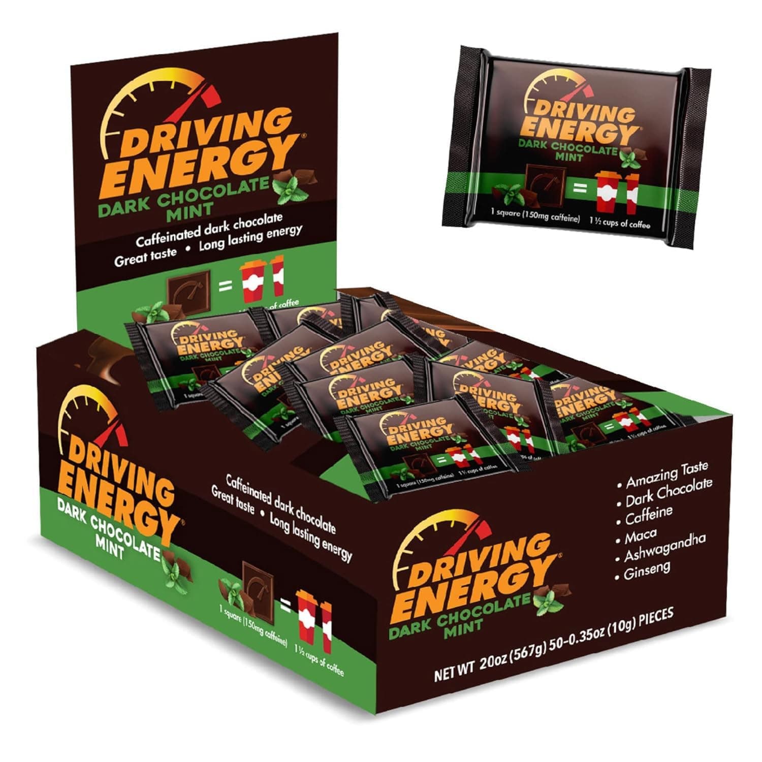 ZenEvo Dark Chocolate Driving Energy - Mint Dark Chocolate with 150mg Caffeine, Ginseng, Ashwagandha, and Maca - Provides Energy/Antioxidant Boost - 50 Ct