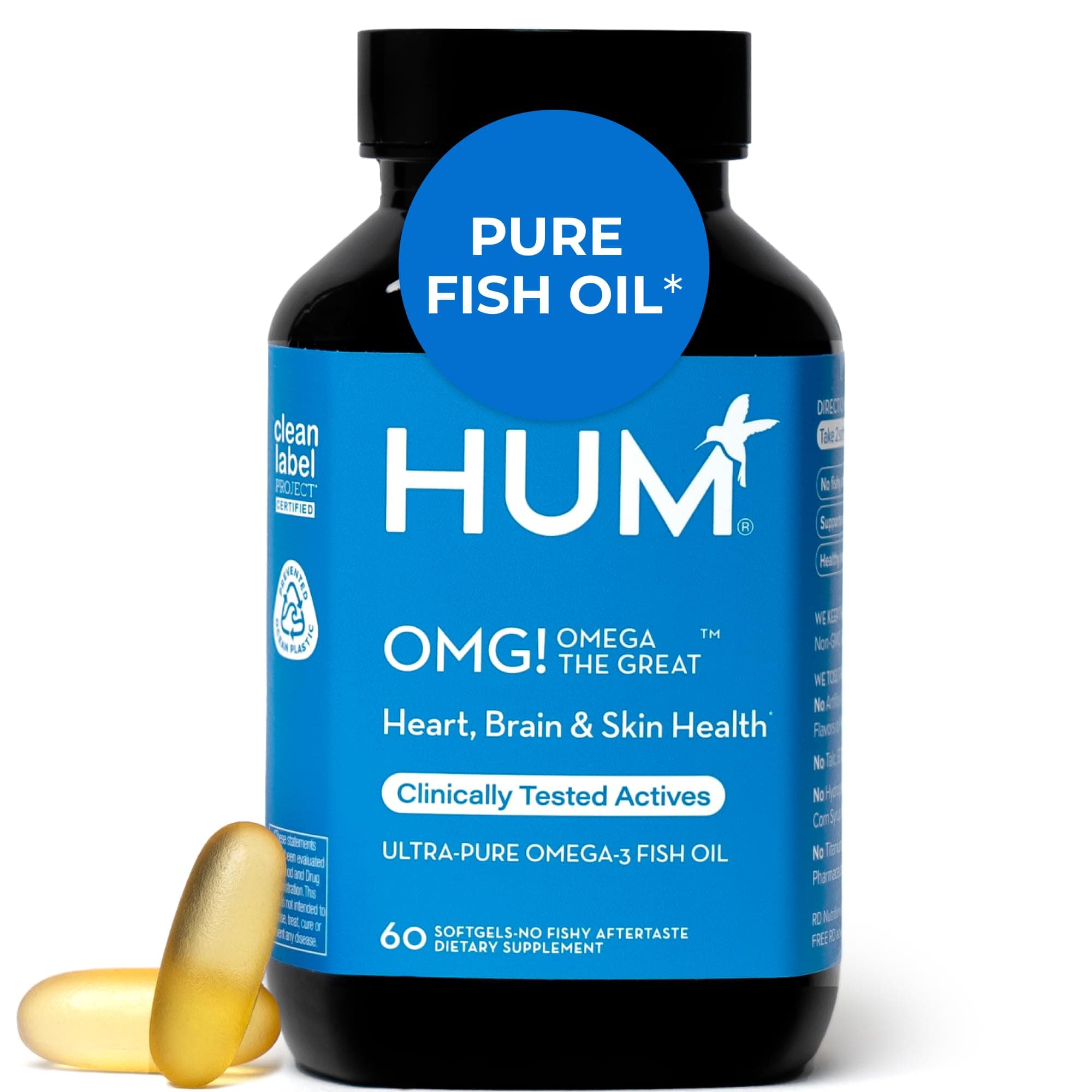 HUM OMG! Omega The Great - Triple Omega 3 Fish Oil Supplement with DHA, EHA & Vitamin E to Support Bright & Even Skin Tone - Gluten Free & Non-GMO (60 Softgels)