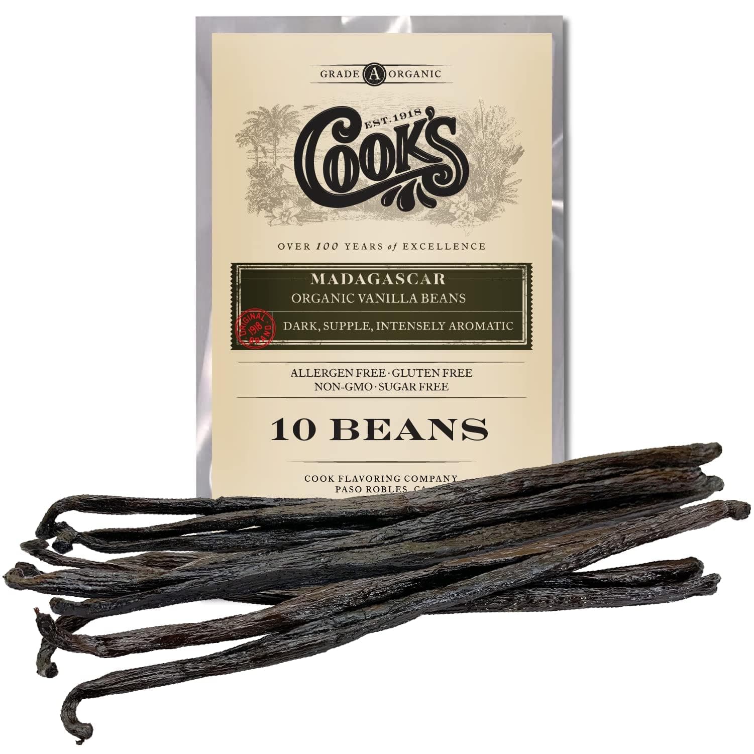 Cook’s, Madagascar Organic Vanilla Beans, Grade A, World’s Finest Gourmet Fresh Premium Vanilla, Certified Organic by CCOF (10 Beans)