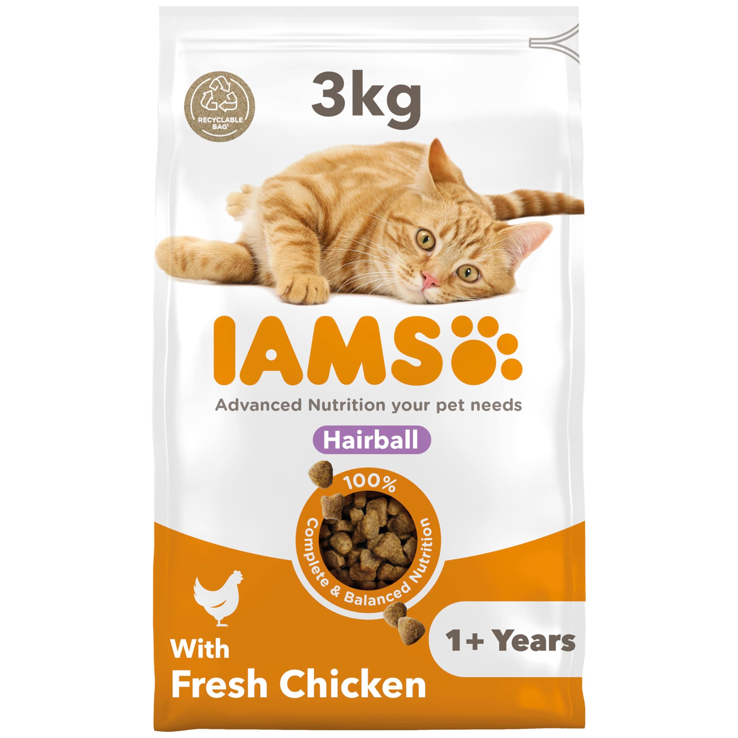 – Hairball Complete Dry Cat Food Chicken 3kg - Significantly Reduces Hairball Formation