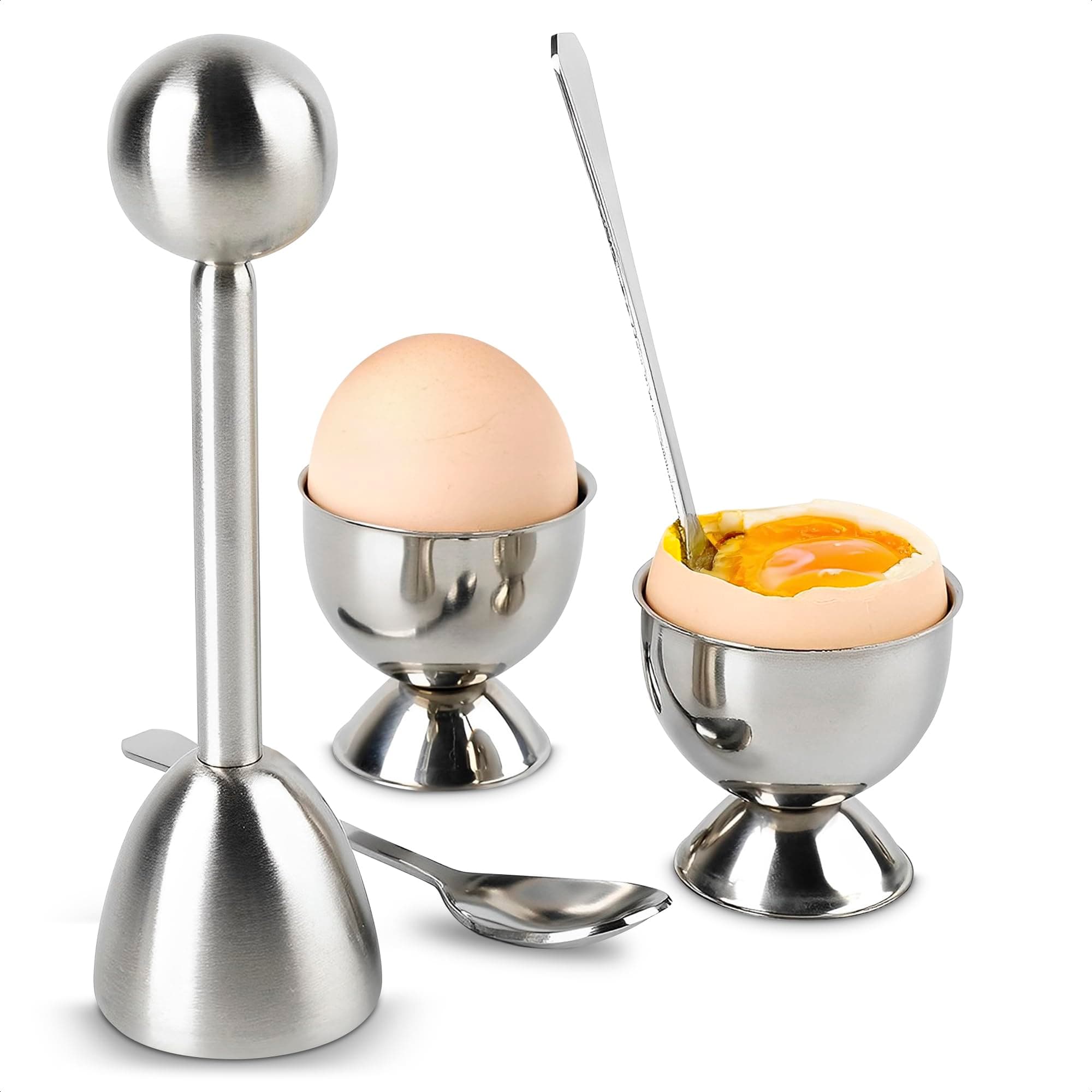 Egg Shell Opener Set – 2 Pcs Egg Cups for Soft Boiled Eggs & Hard Boiled Eggs (Fits L–XL Sizes), 2 Pcs Spoons, Stainless Steel Build – Ergonomic Design with Adjustable Effort for Precise Cracking