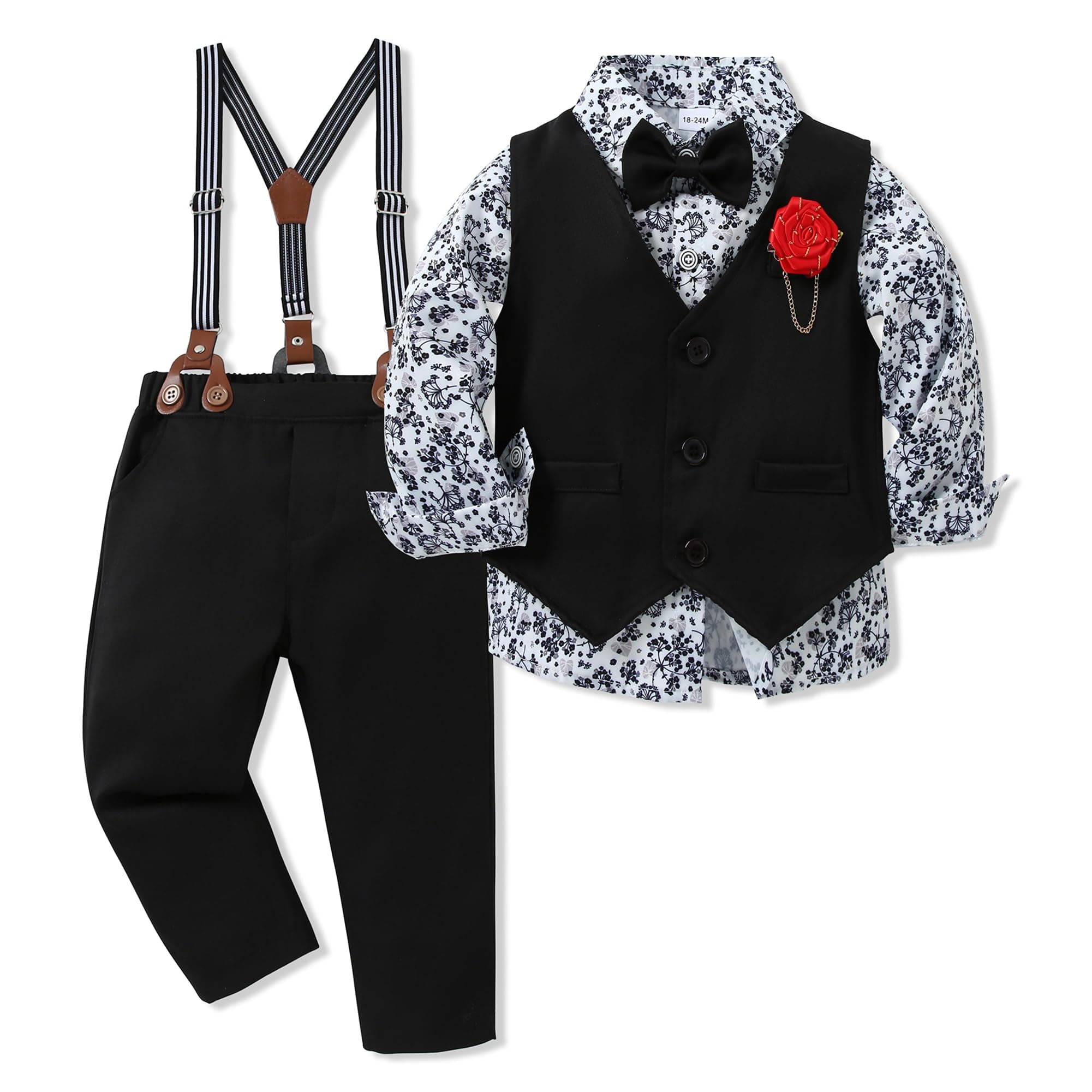 Toddler Boy Clothes Suit Formal Dress Shirt+Bowtie+Vest+Boutonniere+Suspender Pants Boys Gentleman Outfits Set