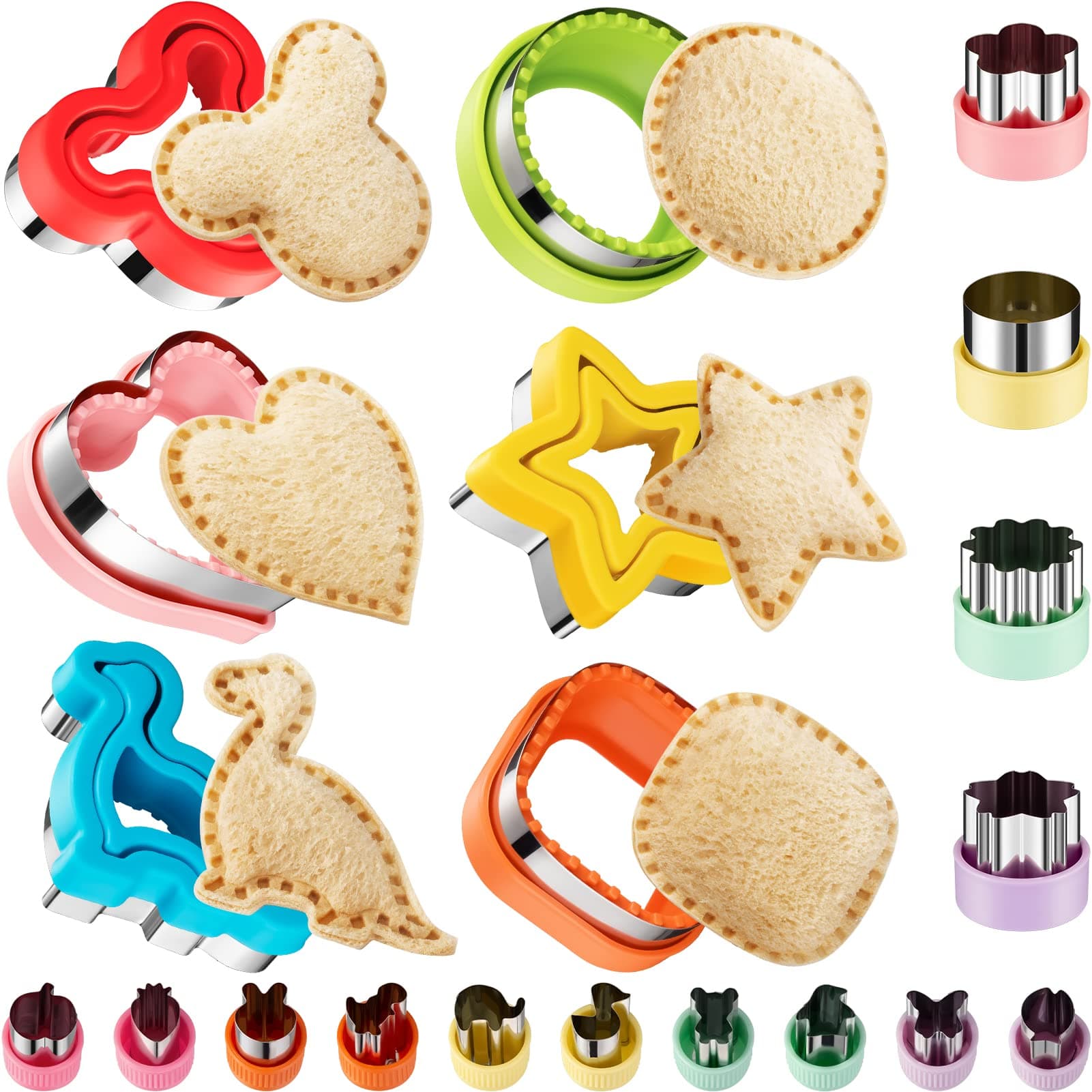 20Pcs Sandwich Cutter and Sealer Set for Kids, Decruster Maker Holiday Heart Cookie Cutters Fruit Vegetable Shapes Boys & Girls Bento Lunch Box with Mickey Mouse Dinosaur Star, etc