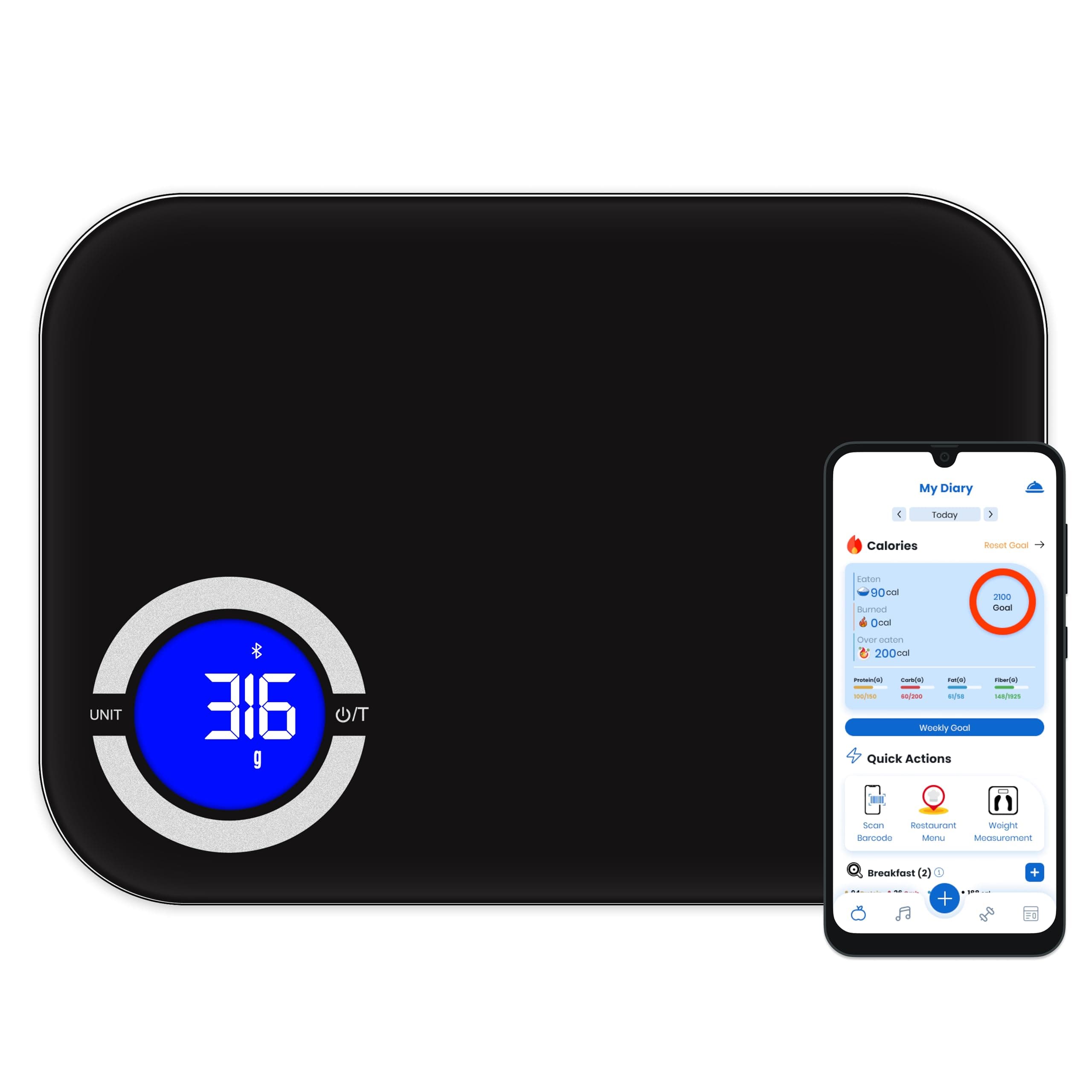 Smart Kitchen Scale- Digital Weight Grams and Oz Food Scale with Nutritional Calculator for Weight Loss, Accurately Track Calories & Macros with Bluetooth Fitness App (Black).