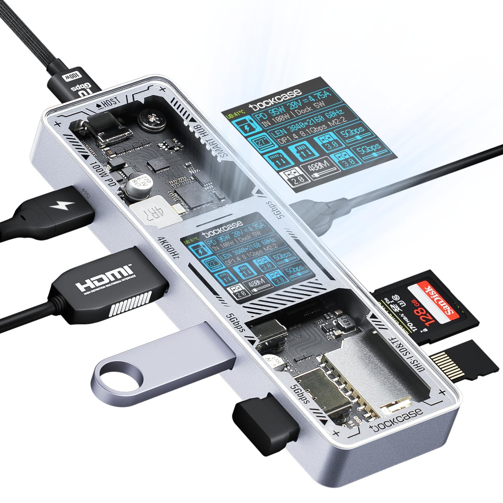 DockCase Explorer Edition Visual Smart USB C Hub (7-in-1) with HDMI Port 4K@60Hz, 100w PD Power Delivery, 3 USB-A 5Gbps Data Ports, SD/TF Card Reader, for MacBook Air/Pro, Ipad Pro, Dell XPS, and More