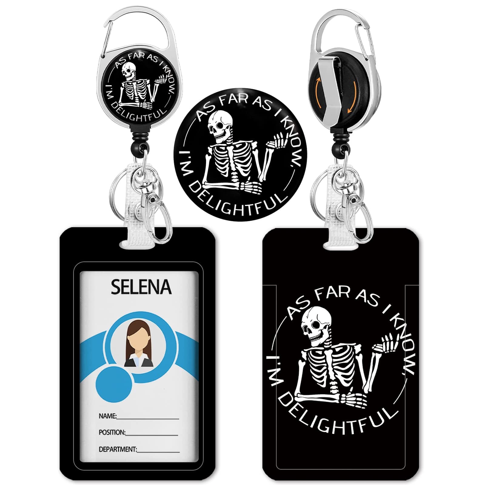 Funny Id Badge Holder, Badge Reel Retractable Keychain, Skeleton Card Holder with Carabiner Clip Heavy Duty, Id Name Tag Badge Case Protector Cover for Office Work Nurse Teacher Women Student Gifts