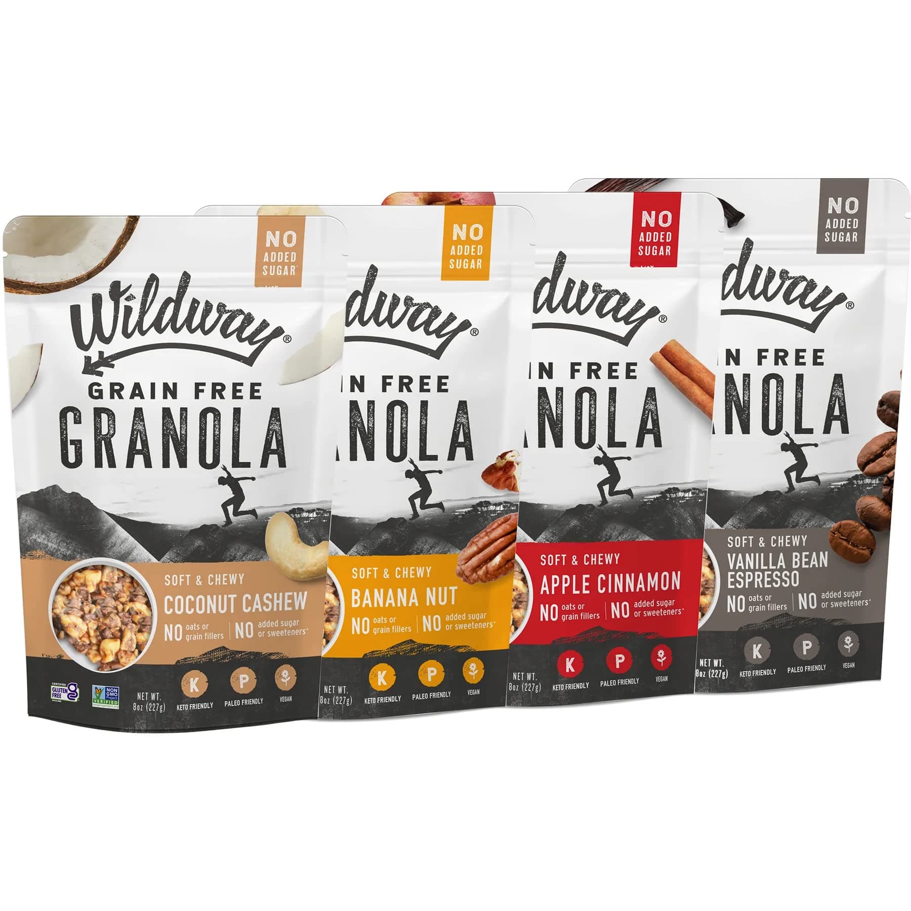 Wildway Keto Granola | Variety Pack | Grain-Free, Certified Gluten-Free Cereal | Vegan, Low Carb | No Sugar Added | Paleo-Friendly | Non-GMO Fruit & Nut Clusters | Nutrient-Rich Snack | 8 oz, 4 Pack