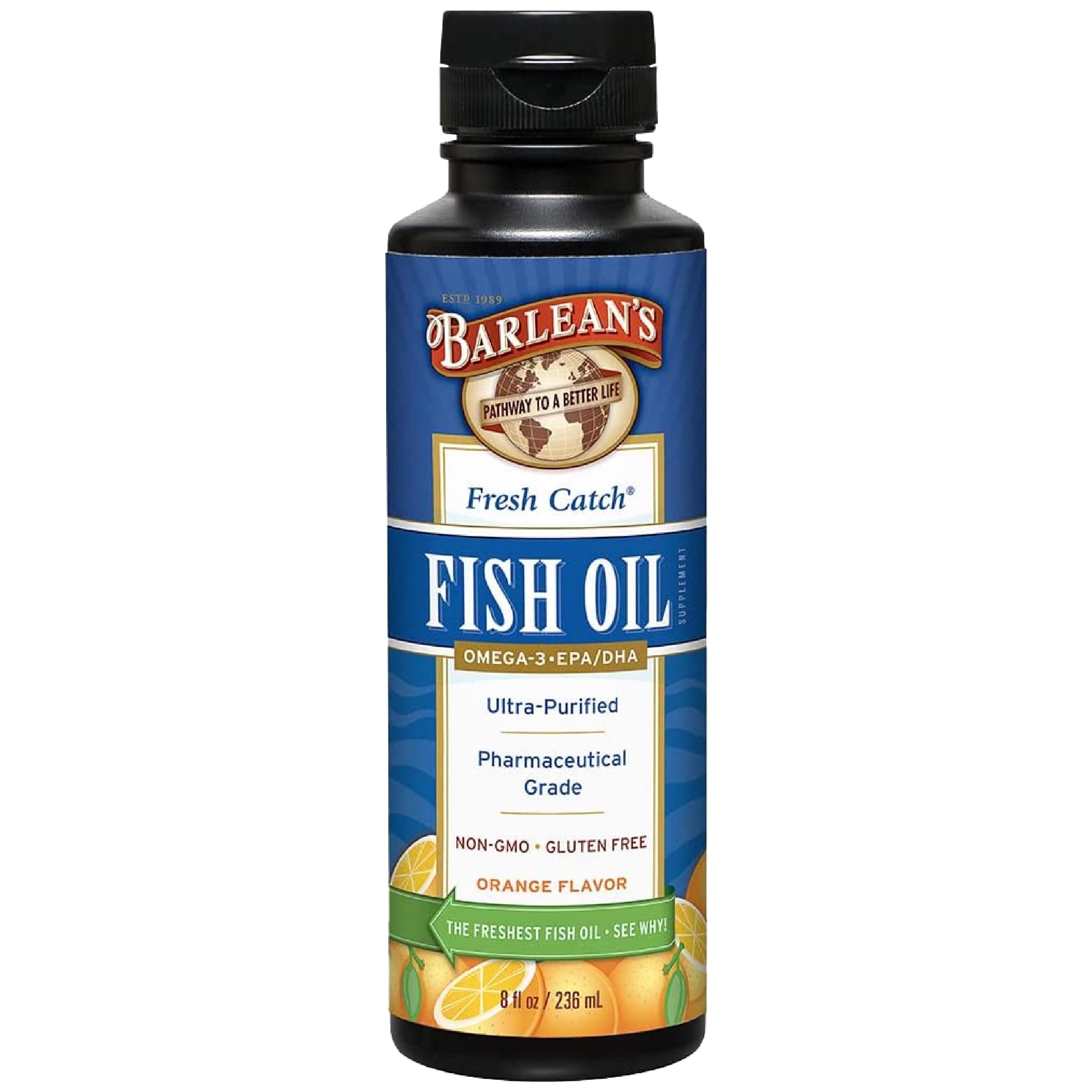 Omega 3 Fish Oil Liquid Supplement, 1262mg EPA and DHA Fatty Acids, Non-GMO and Gluten Free, Orange Flavor, 8 oz