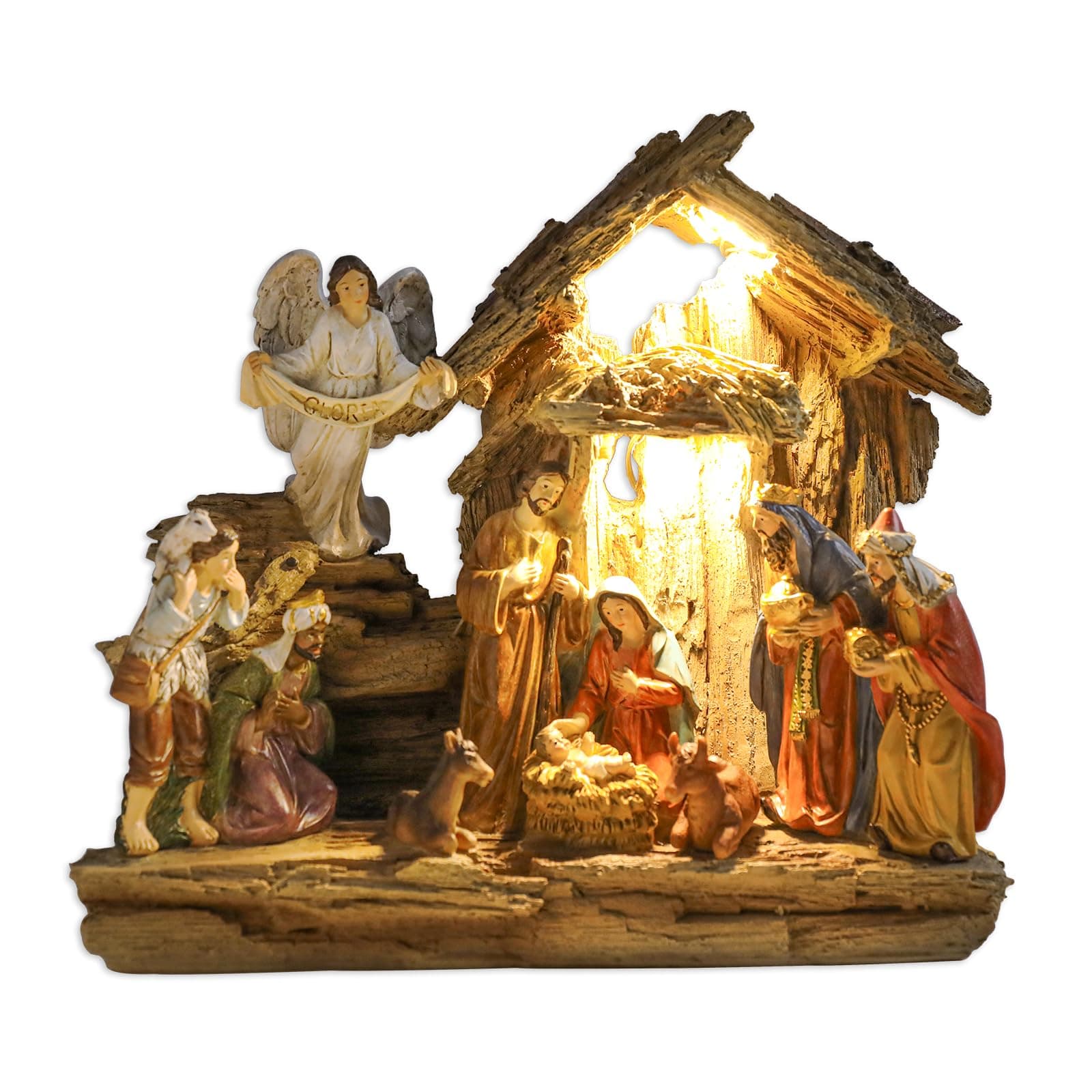 Mumtop Nativity Set with Manger, Resin Figurine with LED Lights, Christmas Scene Set for Tabletop Holidays Home Chapel Indoor Decorations