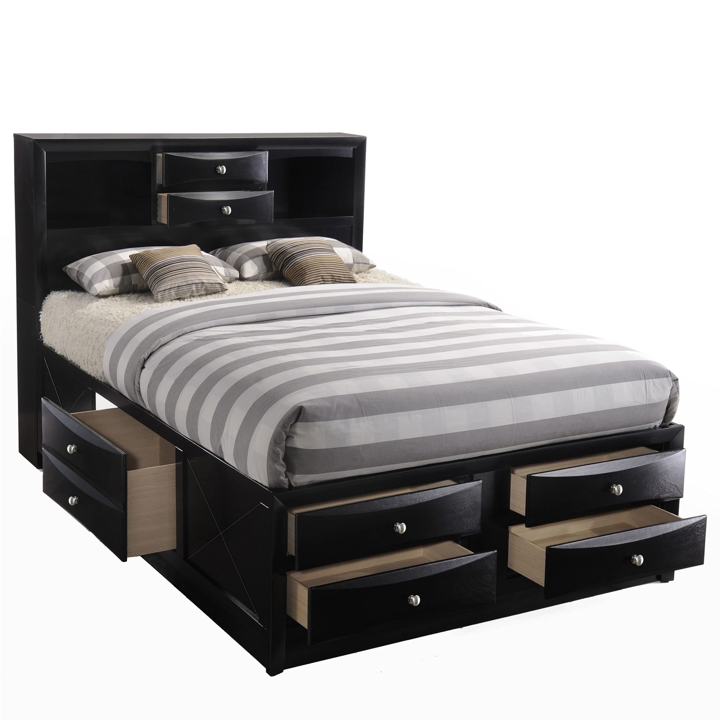 HABITRIO Queen Bed with Storage, Solid Wood Queen Size Bed Frame with Headboard (2 Bookcase, 2 Drawers), Footboard (4 Drawers), Rail with 2 Drawers, Wooden Slat, No Box Spring Needed, Black
