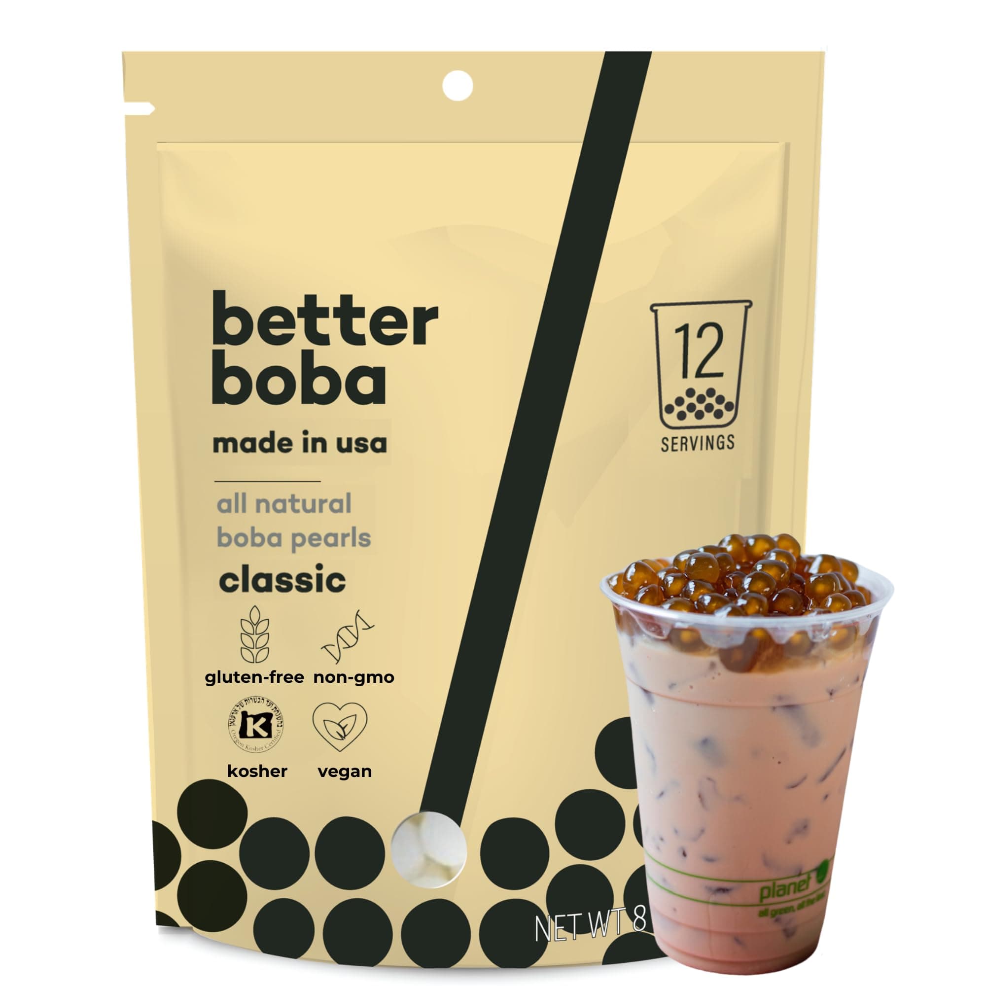 Better Boba Tapioca Pearls 8 Oz | Classic Kosher Brown Sugar - Non-Gmo, Vegan, Gluten-Free 12 Servings Balls For Tea, Bubble Tea Drinks