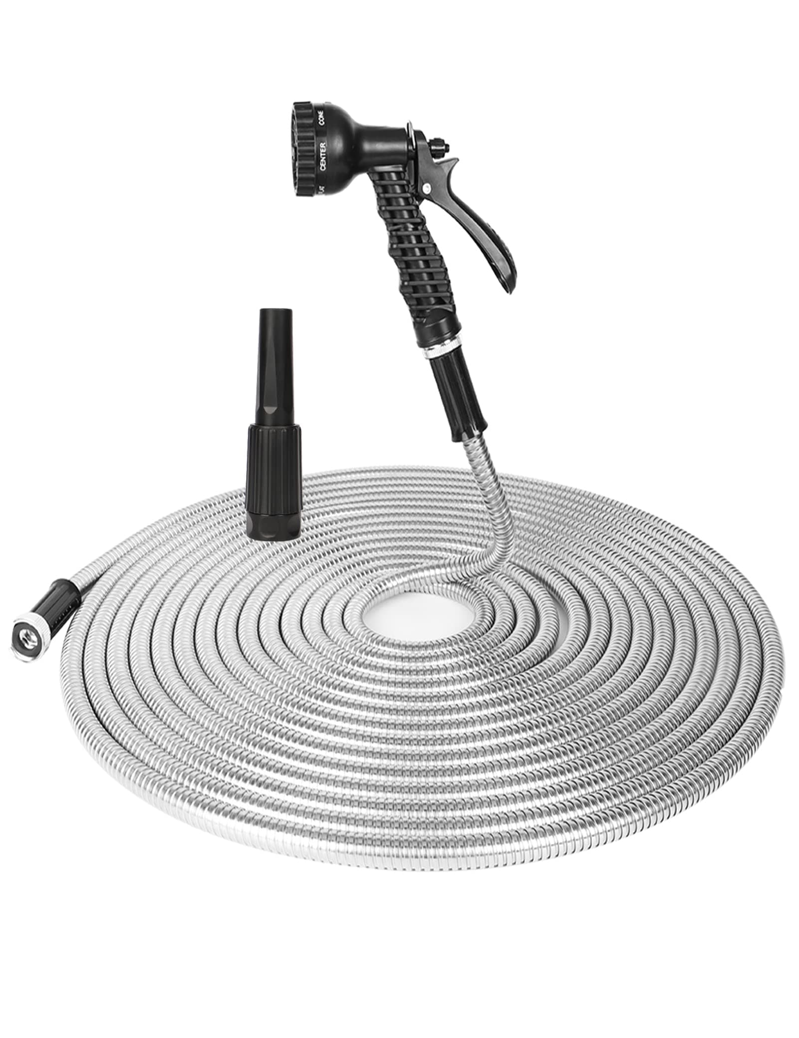 Stainless Steel Metal Water Hose - 100FT with 2 Nozzles, Lightweight, Heavy Duty, High Pressure, Flexible, Tangle Free & Kink Free Cool to Touch, Outdoor Yard Hose