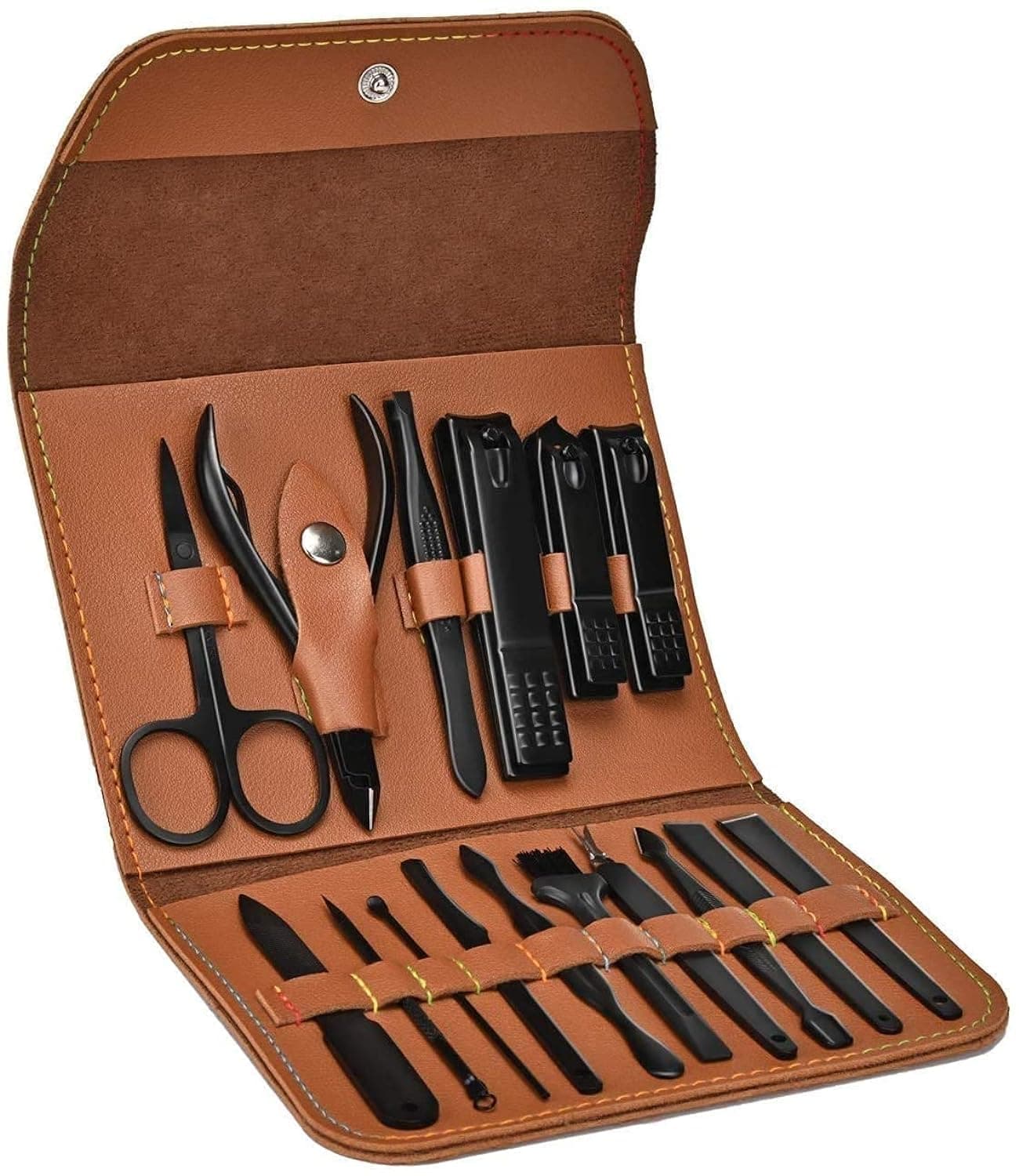 JW Professional Stainless Steel Pedicure & Manicure Set - 16 in 1 Travel Grooming Kit with PU Leather Folding Case - Includes Nail Clipper, Scissors, Cutter - Women & Men