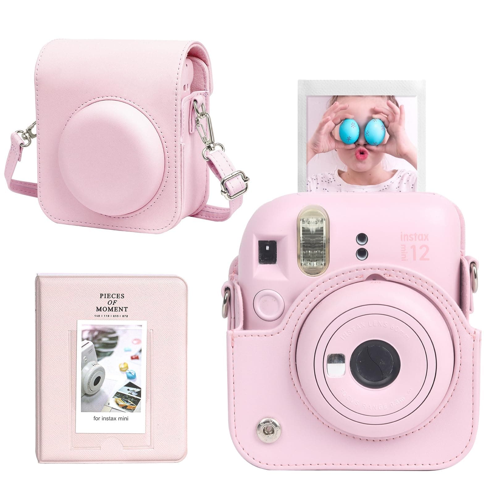 Protective Case for Instax Mini 12 Instant Camera Fuji Mini 12 Case PU Leather Carrying Bag with Adjustable Shoulder Strap & 64 Pockets Photo Album (Pink)