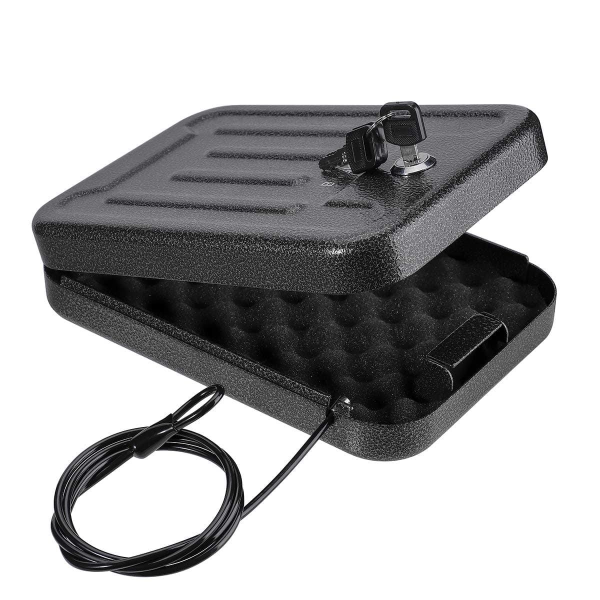 Portable Security Lock Box - Gun Safety, Money, and Document Safe - Personal Safe Box with Patented 39IN Security Cable and 4 Keys - Ideal for Valuables and Firearms - Size 9.4 * 6.5 * 1.96 IN