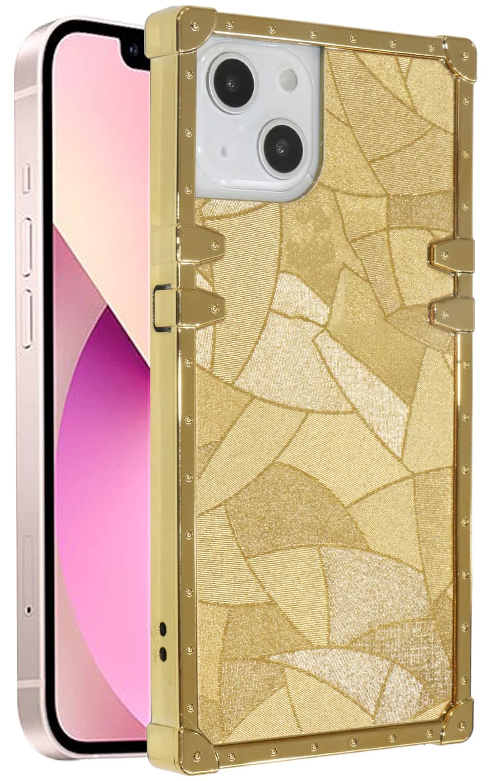 Umhlaba Compatible with iPhone 13 case 2021 Square Edge Trunk Bling Luxury Fashion Phone Cover Women Glitter Girly Geometric Rectangle Box Sparkly Cute Stylish 6.1 inch (Gold)