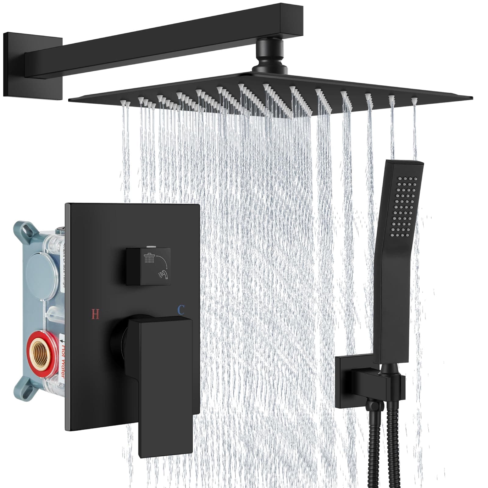 Shower Faucet Set Rain Shower System with Handheld Spray Bathroom Shower Combo Rough-in Valve and Shower Trim Kit Included Matte Black 12 Inch Wall Mount Shower Head