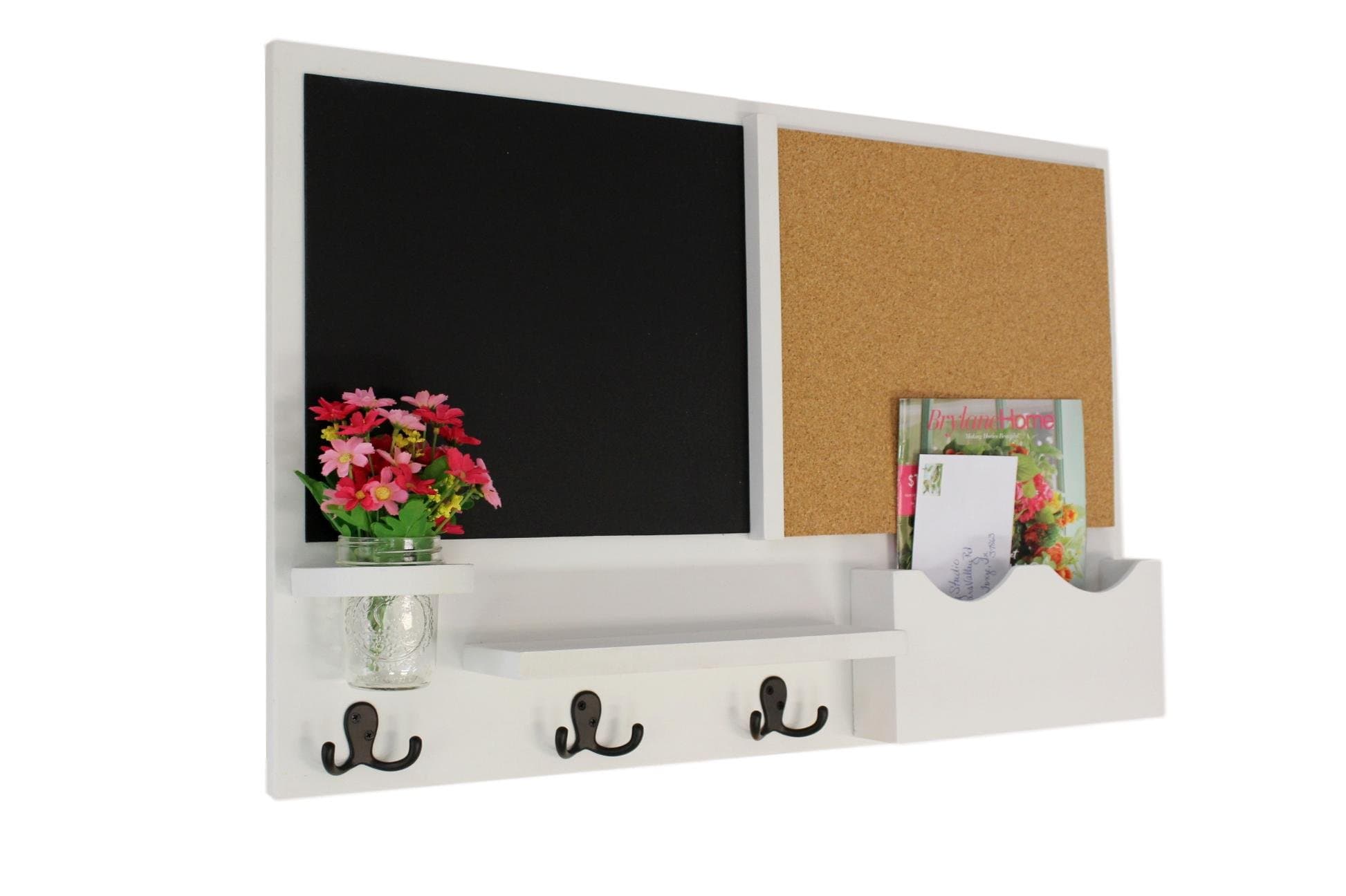 Chalkboard and Cork Board Mail Organizer - Mail and Coat Rack - Letter Holder - Jar Vase (Smooth, White)