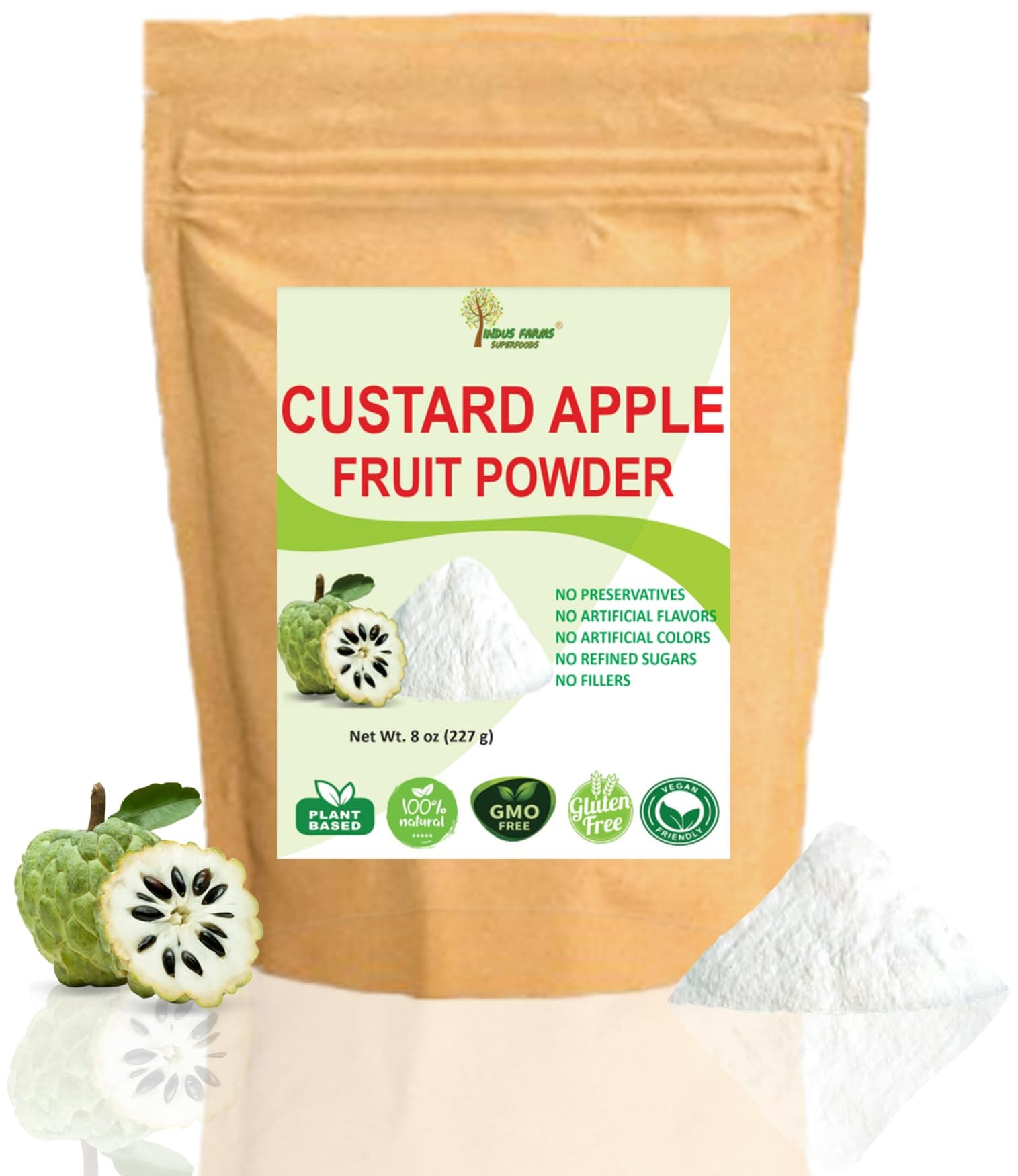 Indus Farms Superfoods All Natural Custard Apple Fruit Powder, Nutritious Sweet Flavor for Smoothies, Shakes, Cakes, Muffins, Puddings, Yogurts, Ice-Creams, Cereals, Oatmeal, Make Face Packs | 8 oz