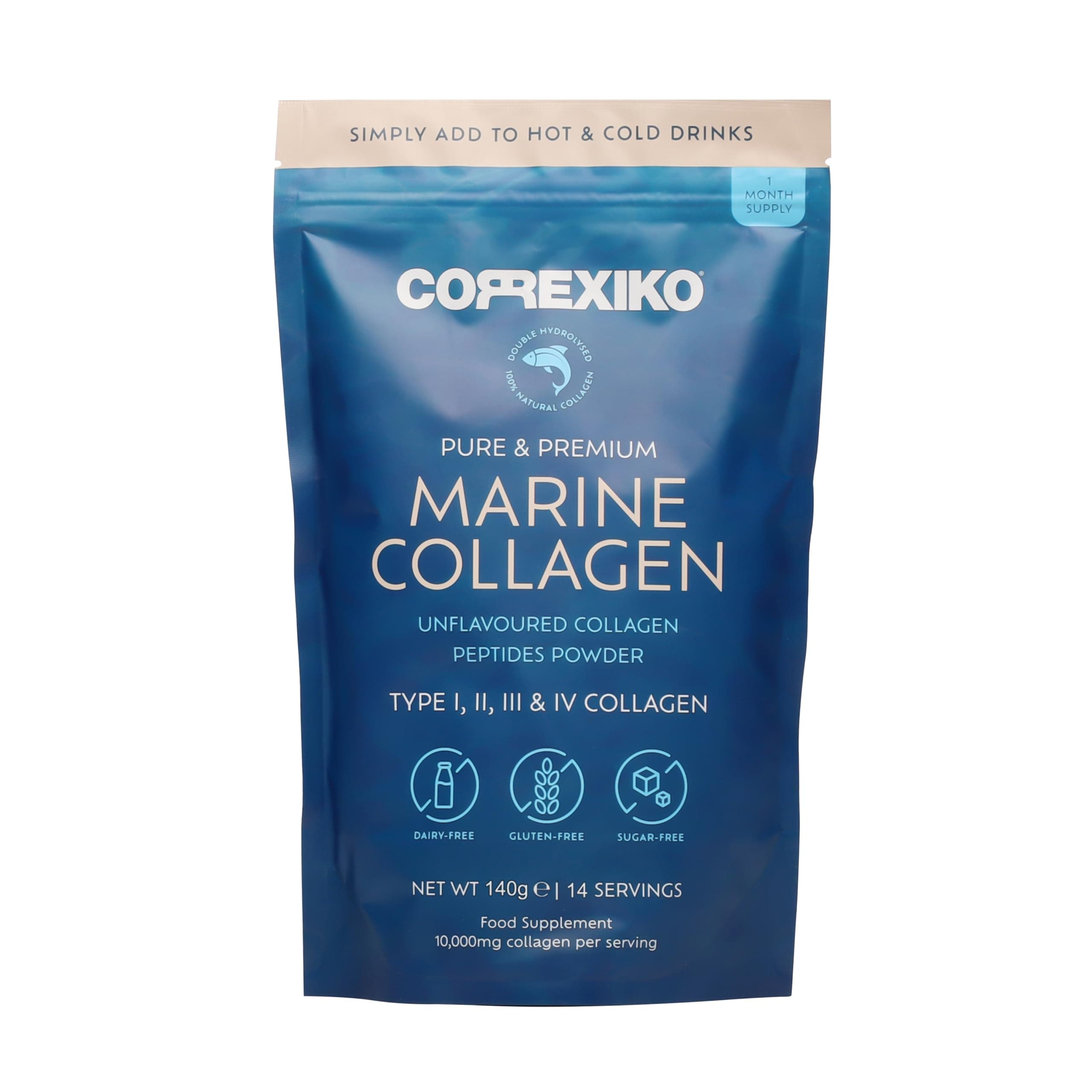 Marine Collagen Powder Supplement Unflavoured - 10,000mg Double Hydrolysed Collagen Peptides per Serving - Formulated for Maximum Absorption - for Hair, Skin & Nails - 140g, 14 Servings