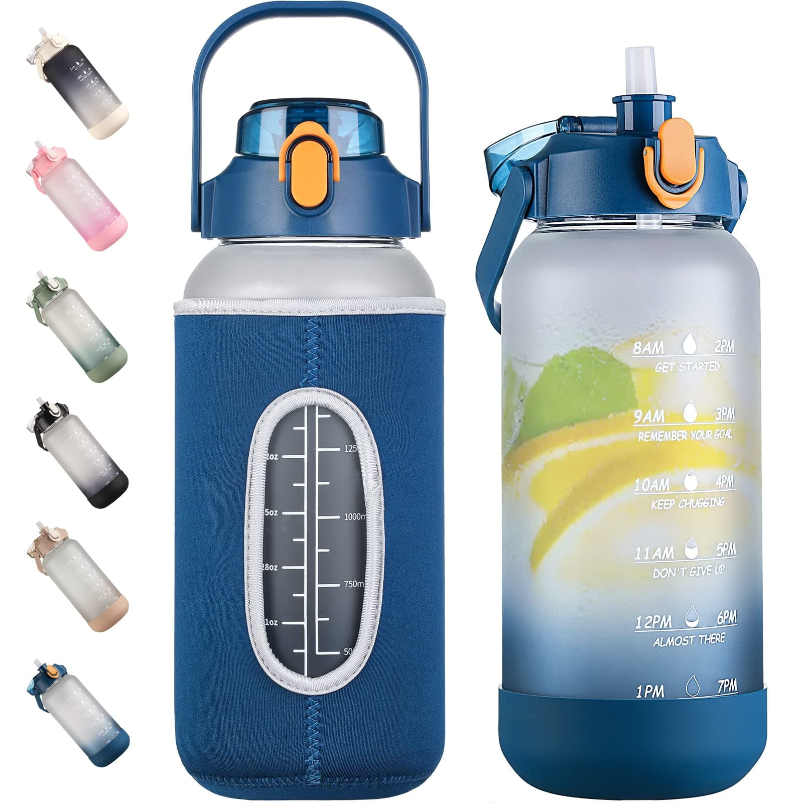 kytffu 64oz Glass Water Bottles with Straw, Half Gallon Motivational Time Marker Water Bottle Glass with Protective Silicone Boot and Neoprene Sleeve, 2L Leakproof Large Glass Water Jug for Gym