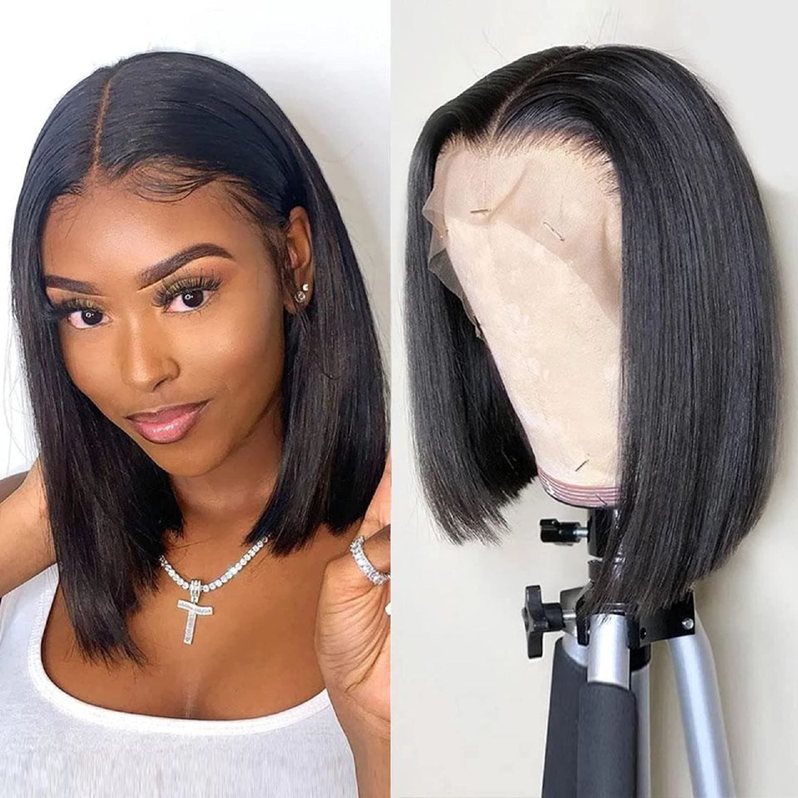 ORIGINAL QUEEN Human Hair Wigs Short Straight Bob Wigs 13x4 Lace Front Wigs Human Hair Wigs for Black Women 130% Density Pre Plucked with Baby Hair Knots Bleached Natural Black Color 8 Inch