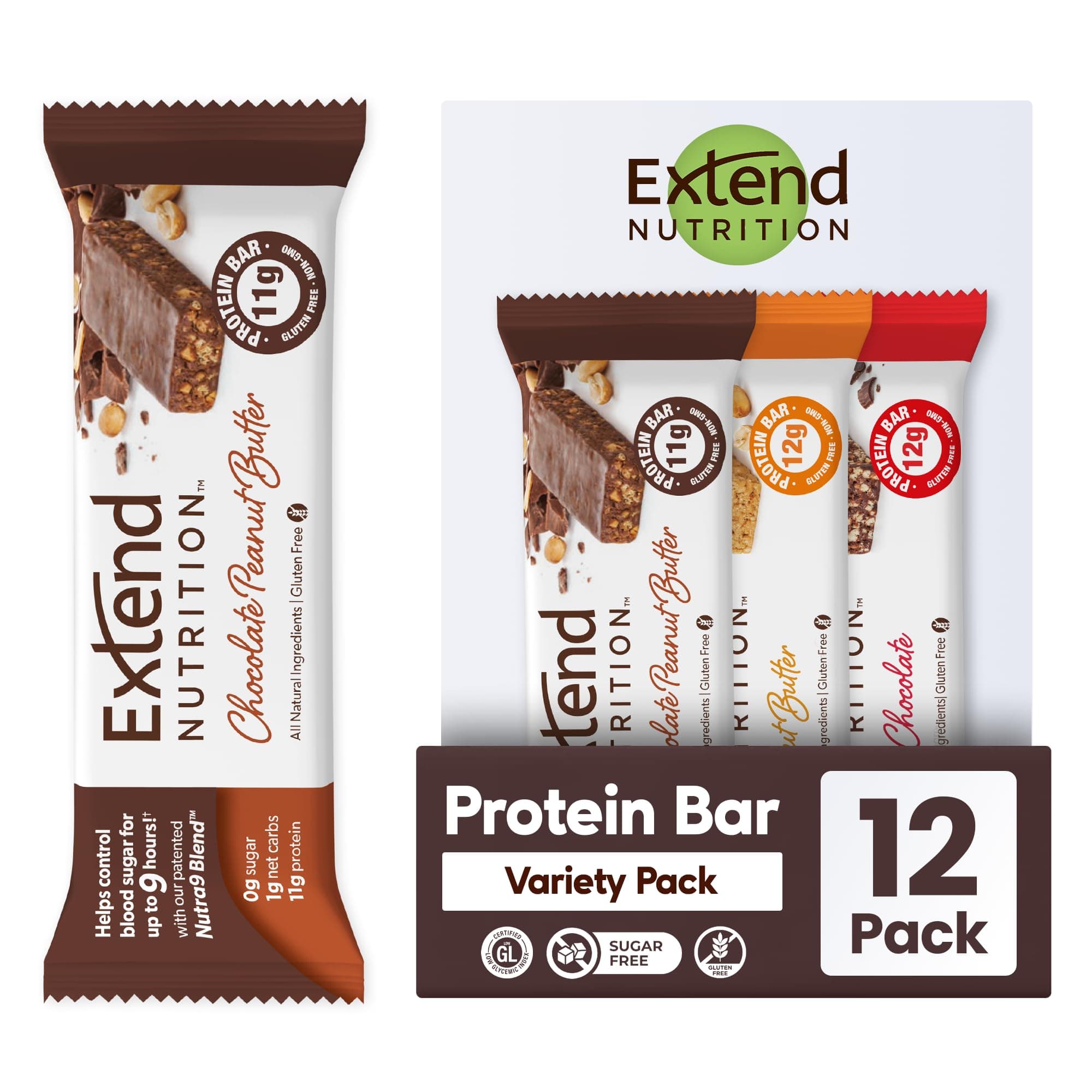 Extend Sugar Free Protein Bars, Perfect Diabetic Snacks, High Protein and Fiber, Hunger Control & Steady Energy, Low Carb, Keto Friendly (12 Count, Variety Pack)
