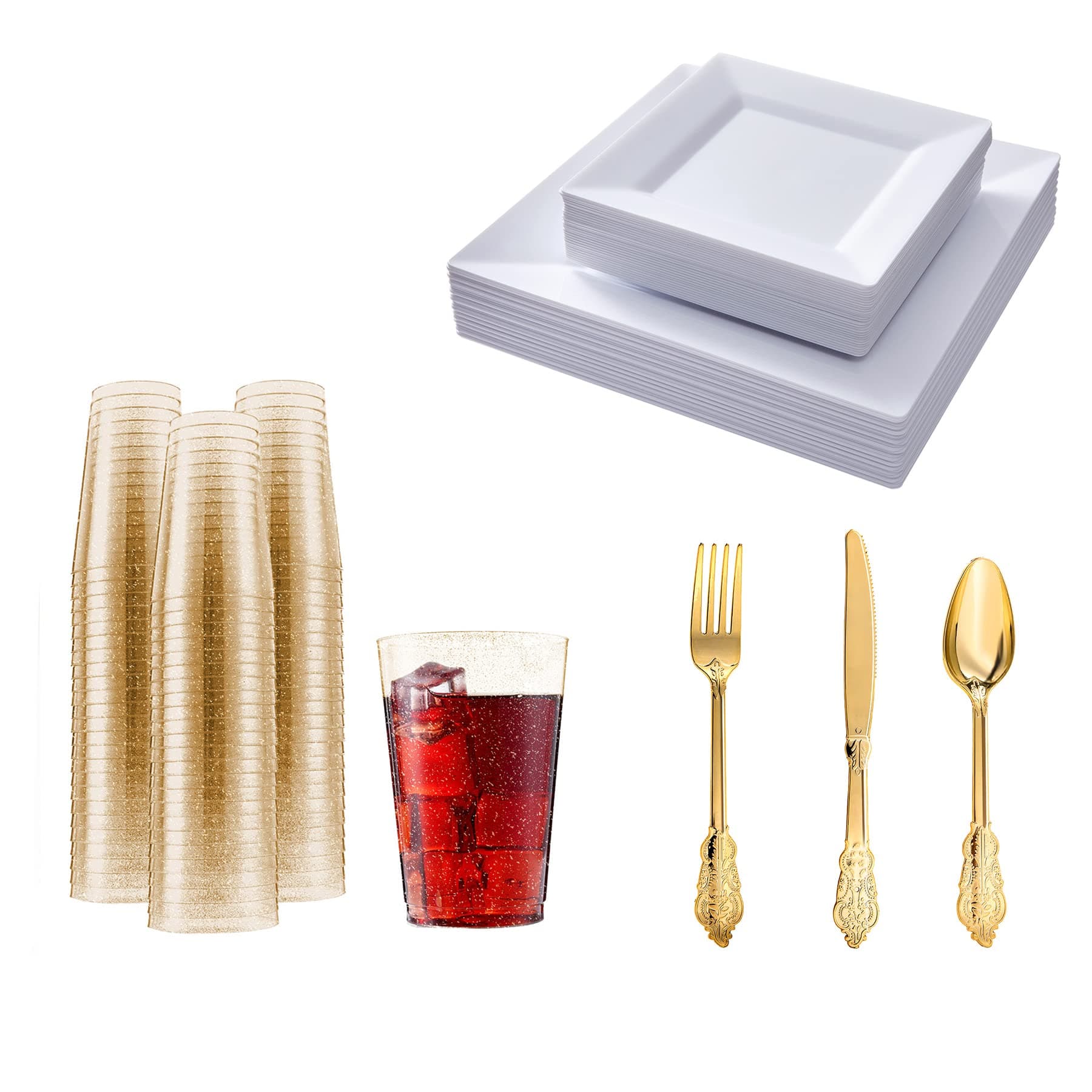 N9R 300PCS Gold Plastic Silverware+100 Pack Gold Plastic Cups+60 Pack White Plastic Plates