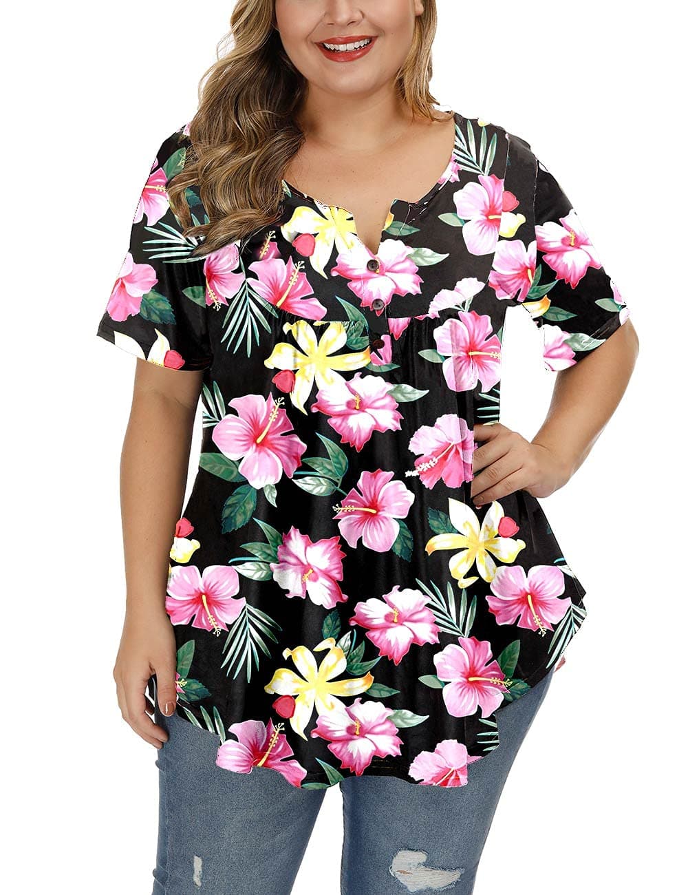ALLEGRACE Women's Plus Size Floral Blouses Henley V Neck Button Up Tunic Tops Ruffle Flowy Short Sleeve T Shirts