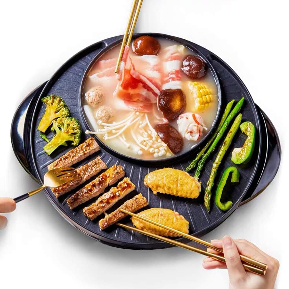 Minvo Gourmandism 2 in 1 Multifuction Electric BBQ Poke Hot Pot Barbecue Machine, Korean Barbecue Grill and Boil Machine Griddle Plate