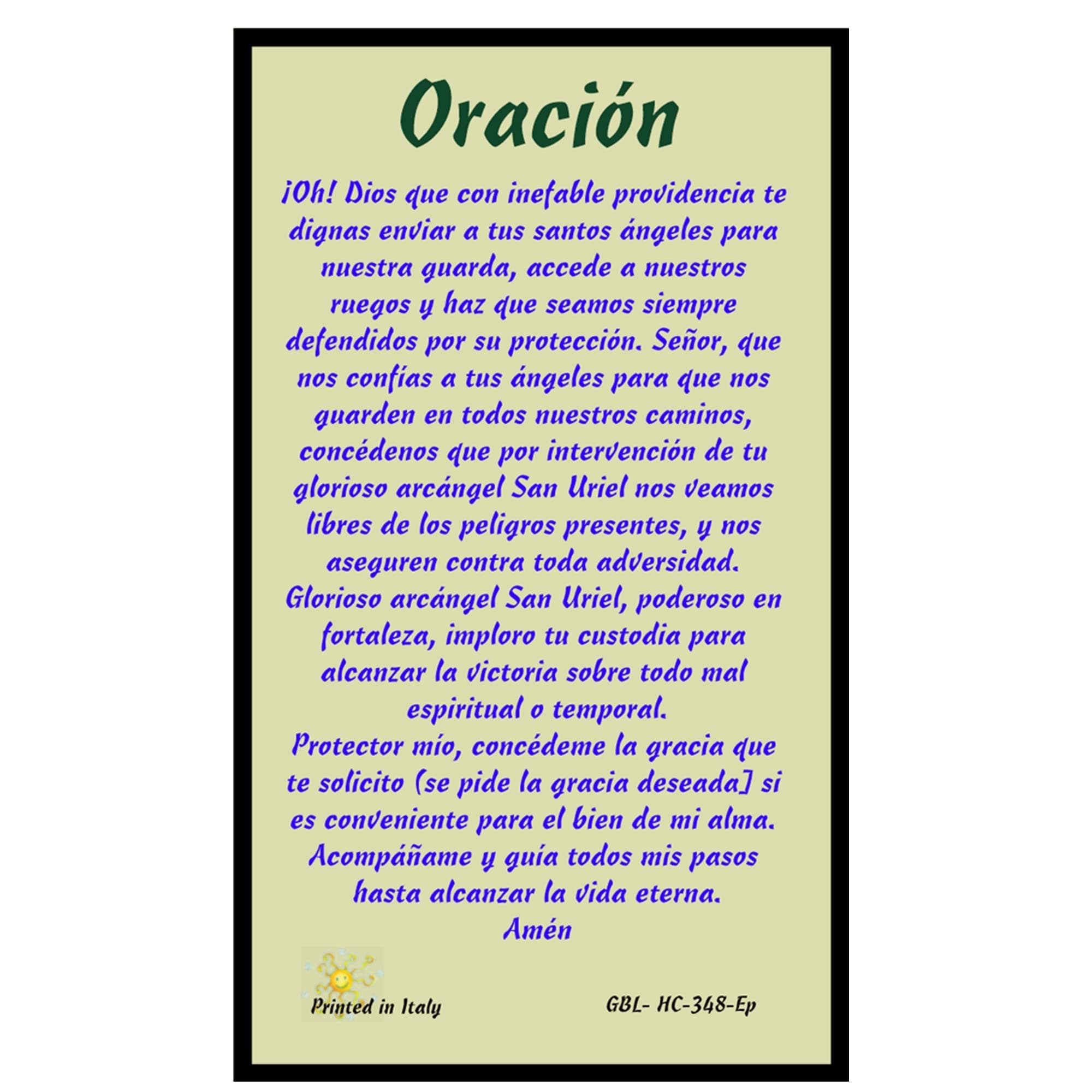 Gifts by Lulee, LLC Oracion al Arcangel Uriel para Obtener un Favor Especial Tarjeta de Rezo Laminada con Acentos Dorados Importada de Italia
