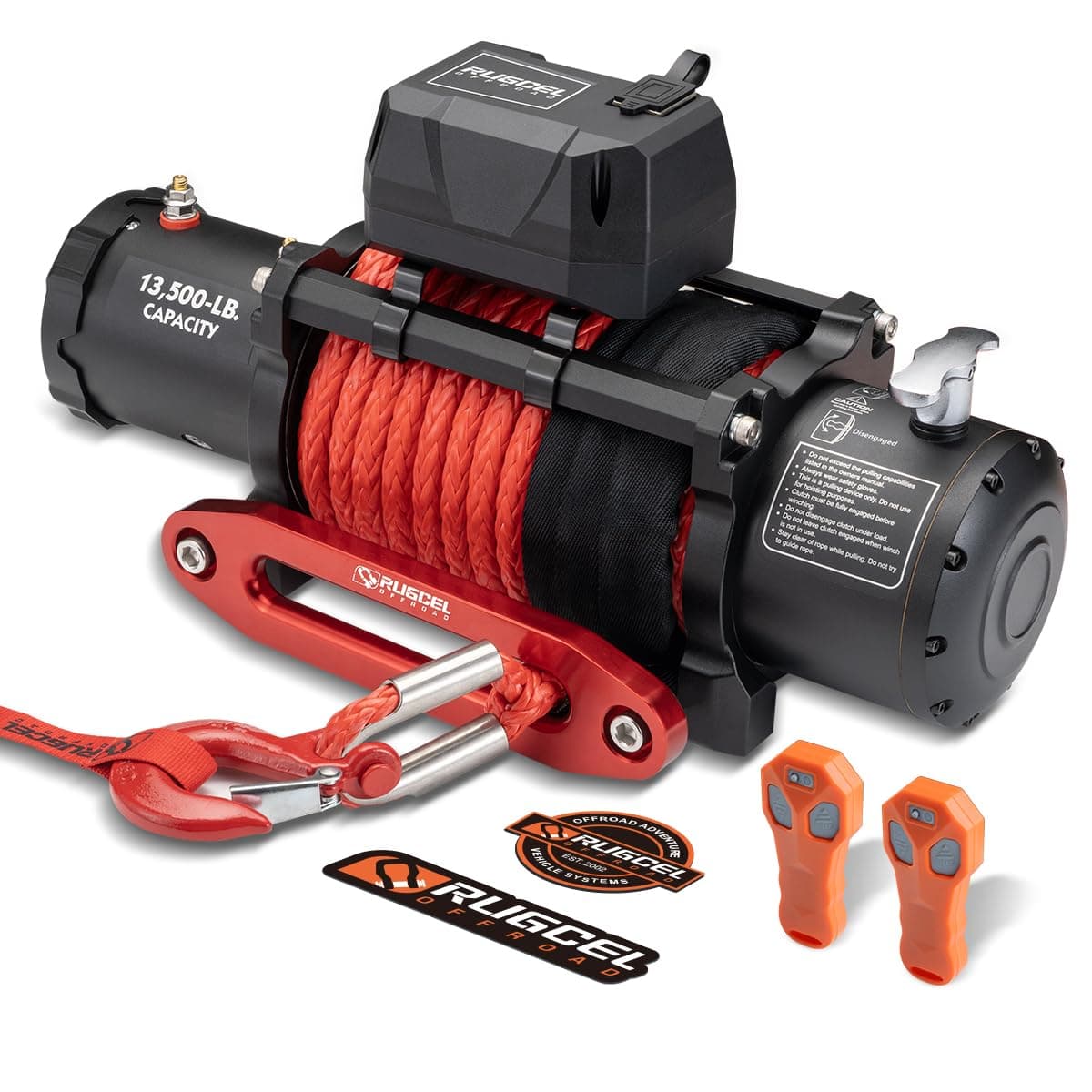 RUGCEL WINCH 13500lb Waterproof Electric Truck Winch 12V Synthetic Rope Winch with Hawse Fairlead,Wired Handle and 2 Wireless Remote,for Trailer and Wrangler in Car Lift