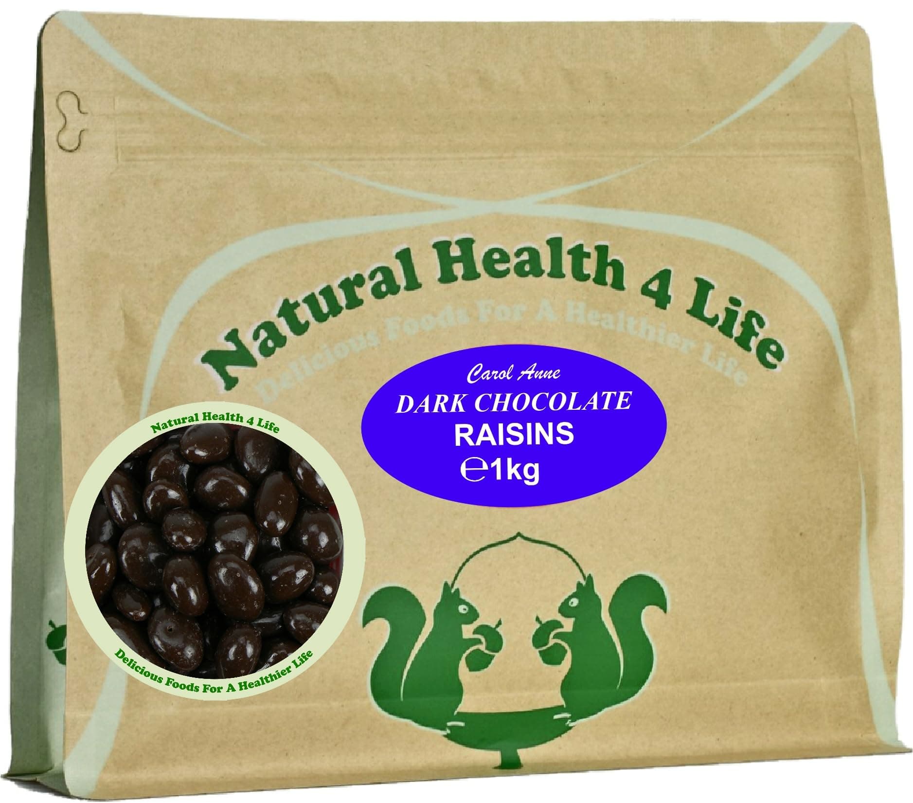 Natural Health 4 Life Carol Anne Confectioner Dark Chocolate Raisins 1kg, Chocolate Covered Raisins in Resealable Pouch, ‎3.5g Protein/100g, Snack for Parties, Baking, Events (Pack of 1)
