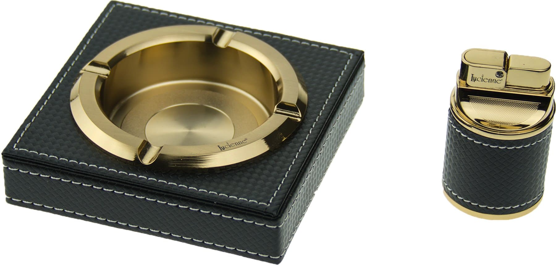 LUCIENNE Elegant Hand Crafted Wooden/Brass Ashtray with Matching Torch Table Lighter.