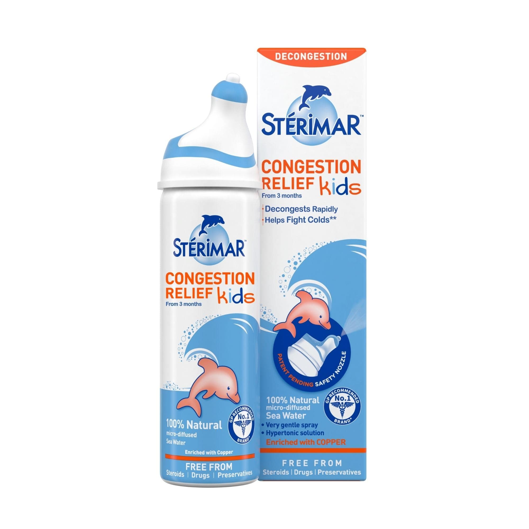 Sterimar Congestion Relief Kids, Nasal Spray, with Copper, Hypertonic, 100% Natural Sea Water, Free from Steroids, Drugs & Preservatives, For Children 3+ months, 50 ml