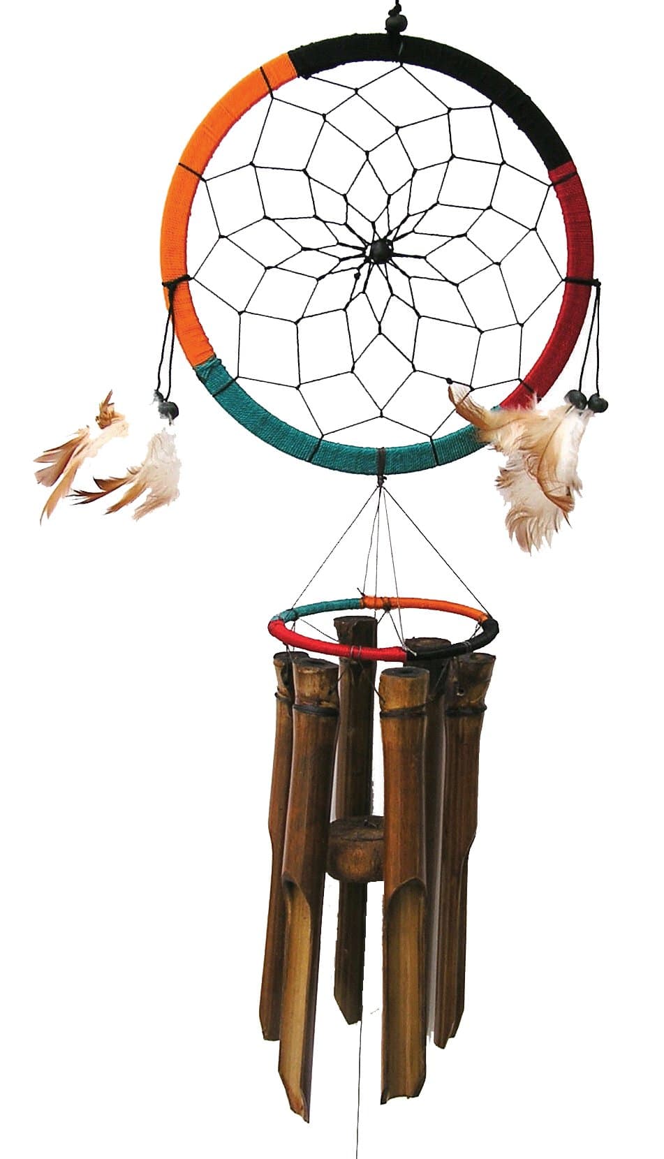 Cohasset Gifts Bamboo Wind Chime | #155 | Dream Catcher Bamboo Wind Chime | Wood, Outdoor, Home Décor for Decks, Garden, Porch | Multi Colored Rope Ring |
